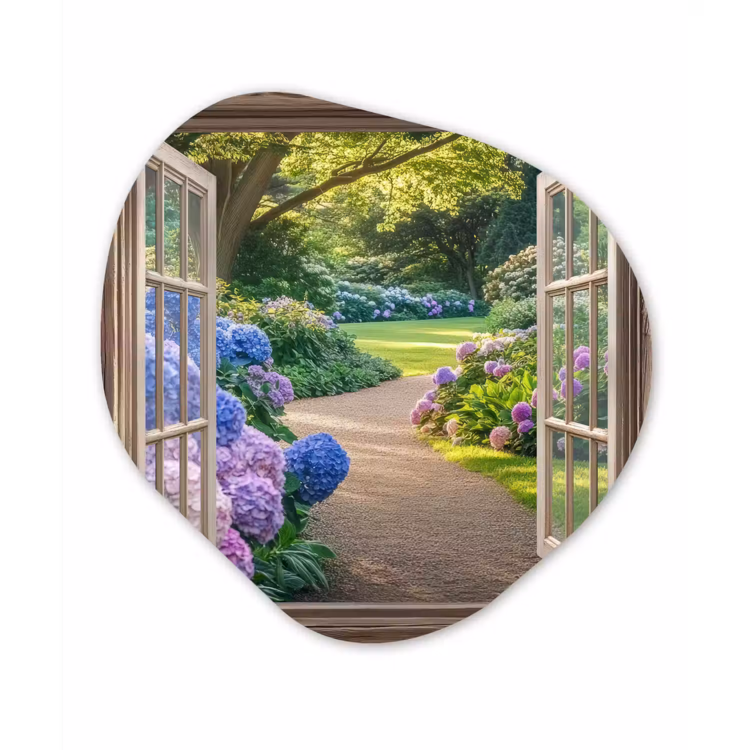 Doorkijk - Tuin - Raam - Hortensia - Bloemen Wandcirkel Organisch Plexiglas middel -3d