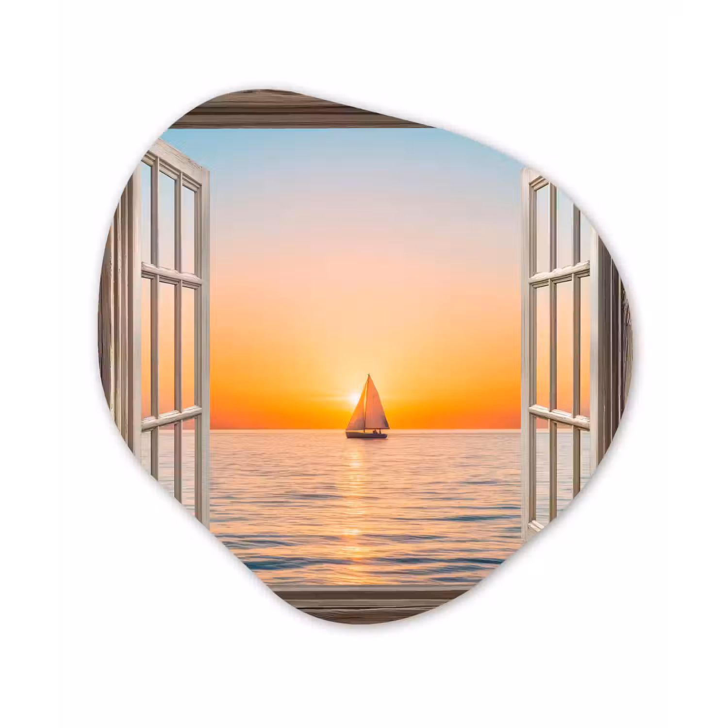 Doorkijk - Zee - Boot - Zonsondergang Wandcirkel Organisch Plexiglas middel -3d