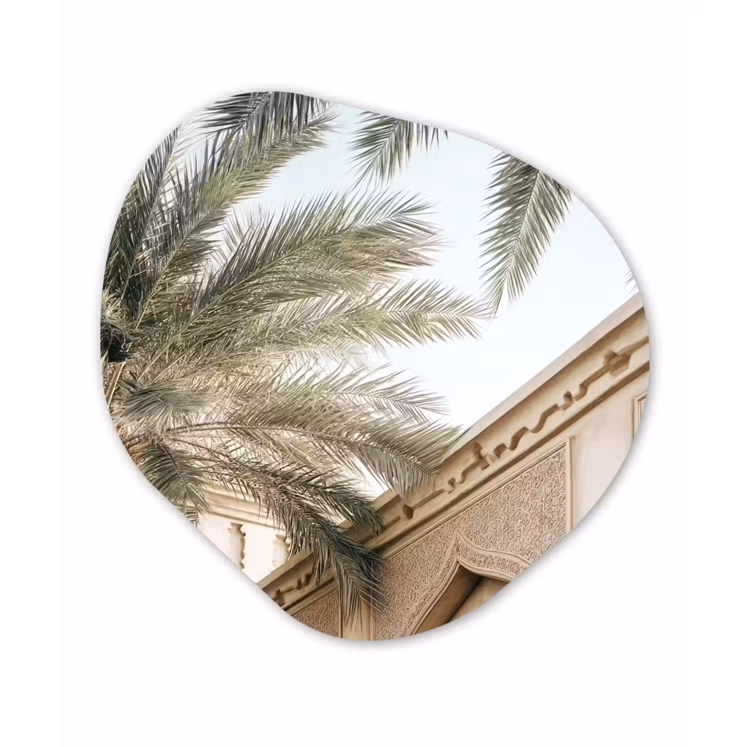 Gebouw - Palmbomen - Beige - Zon Wandcirkel Organisch Plexiglas middel -3d