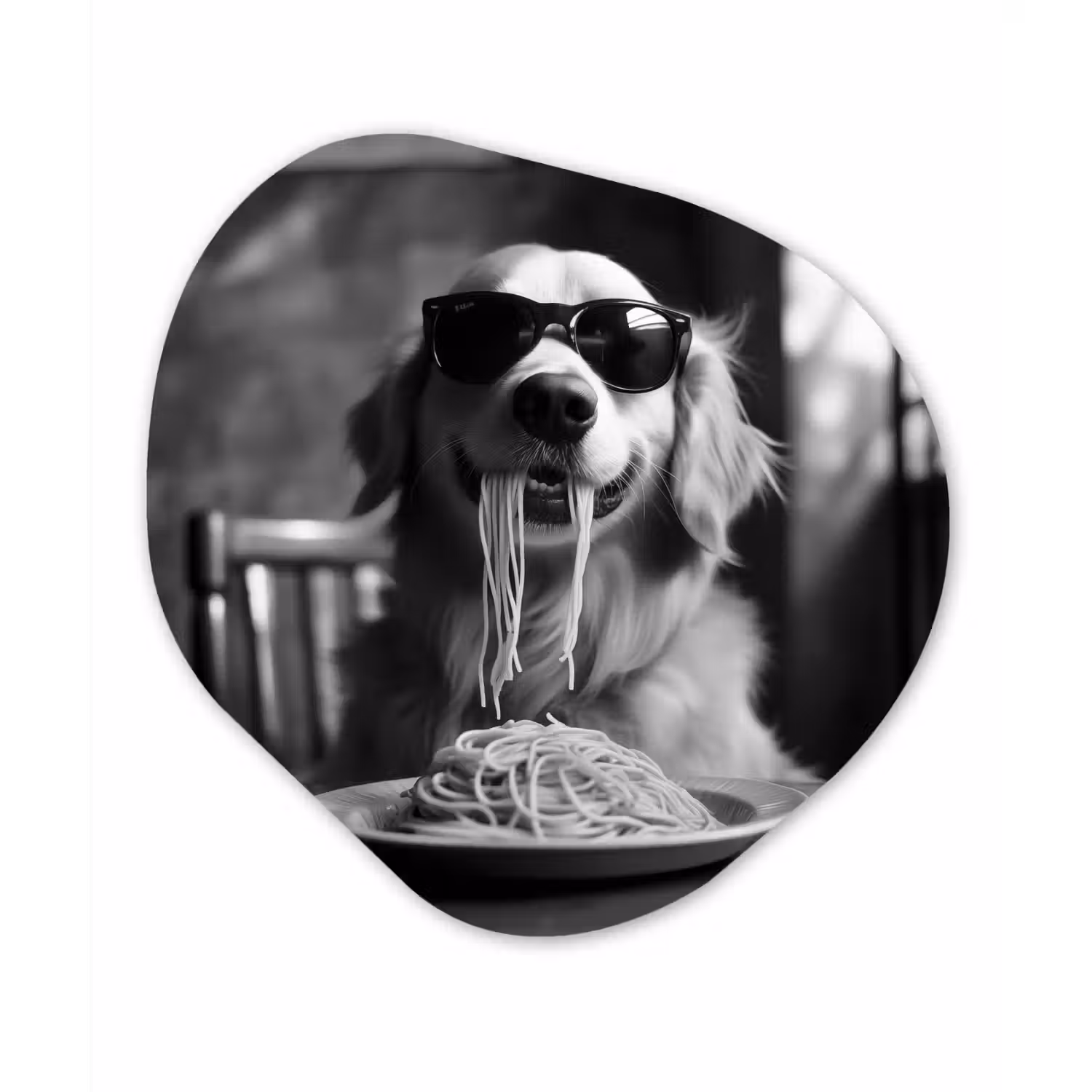 Golden Retriever - Hond - Vrolijk - Bord spaghetti - Zwart - wit Wandcirkel Organisch Plexiglas middel -3d