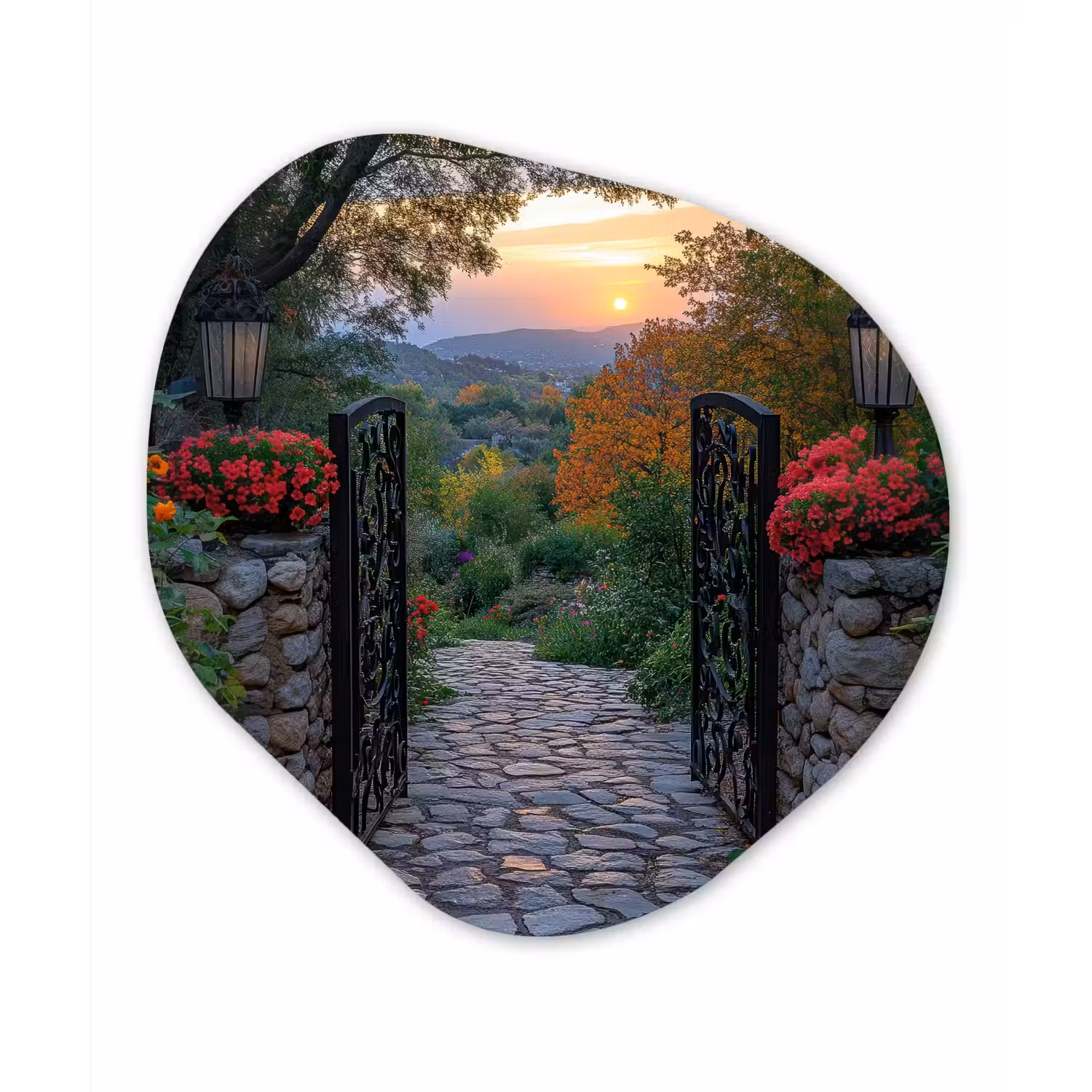 Landschap - Hek - Pad - Zonsondergang - Natuur Wandcirkel Organisch Plexiglas middel -3d