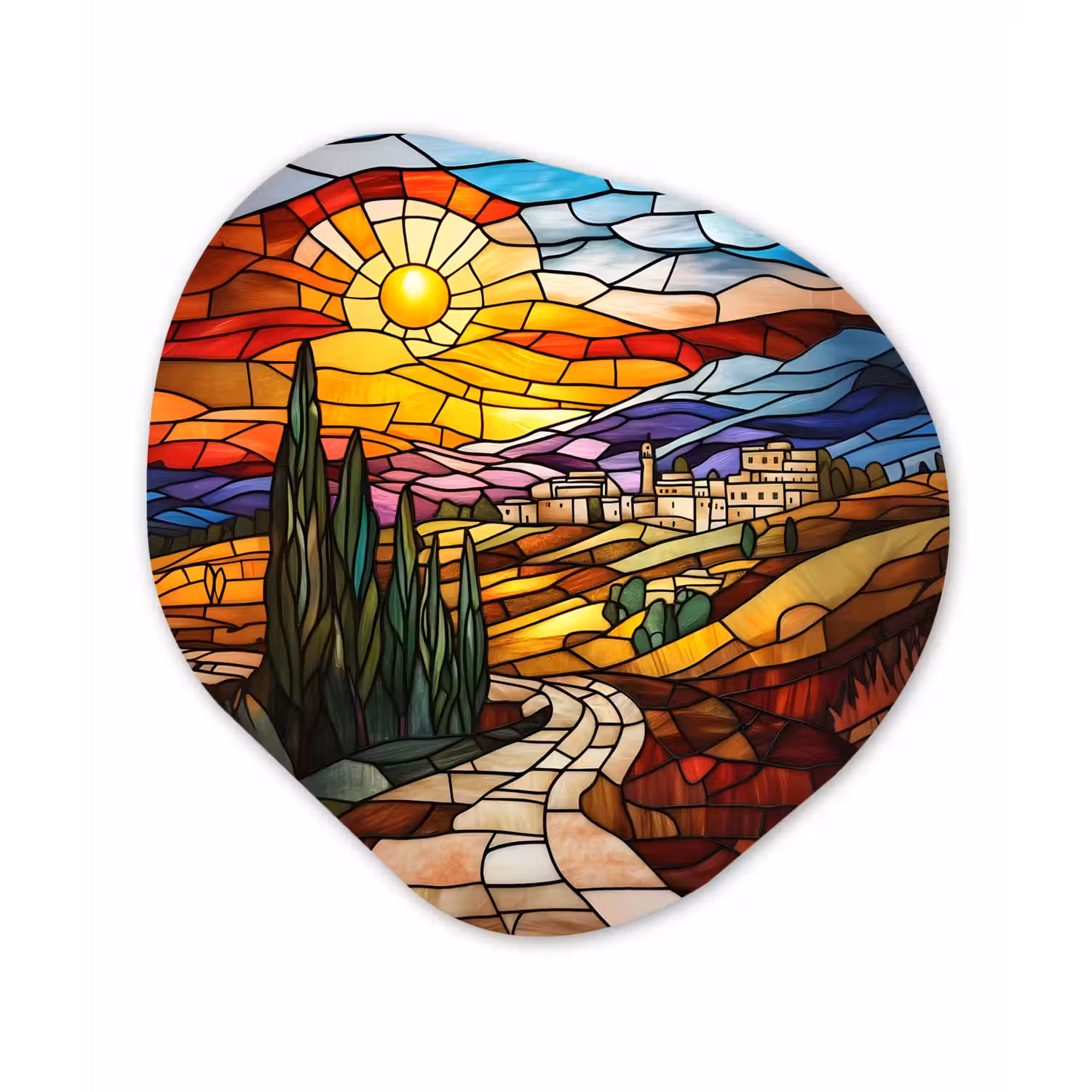 Mozaïek - Zon - Landschap - Dorp Wandcirkel Organisch Plexiglas middel -3d