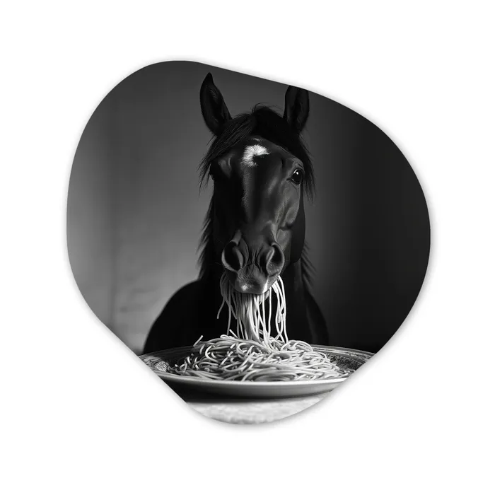 Paard - Bord - Pasta - Tafelkleed - Zwart Wit - Dieren Wandcirkel Organisch Plexiglas middel -3d