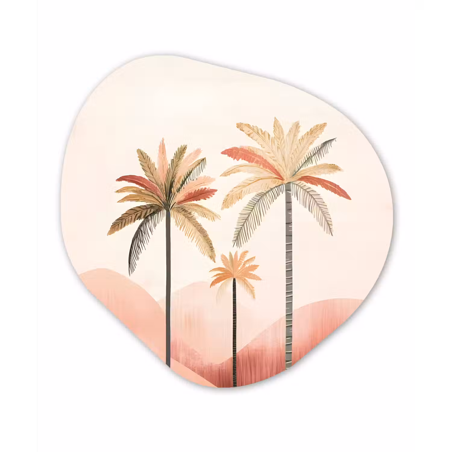 Palmbomen - Heuvels - Minimalistisch - Zachtroze Wandcirkel Organisch Plexiglas middel -3d