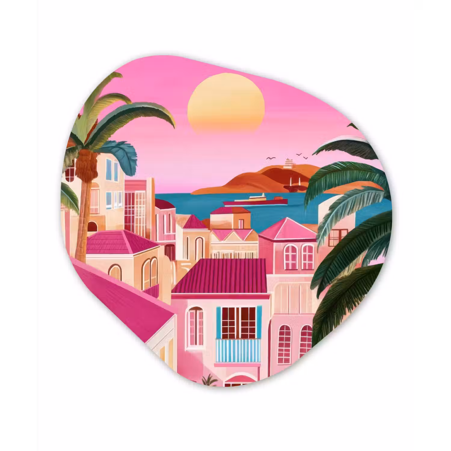 Stad - Roze - Palmbomen Wandcirkel Organisch Plexiglas middel -3d