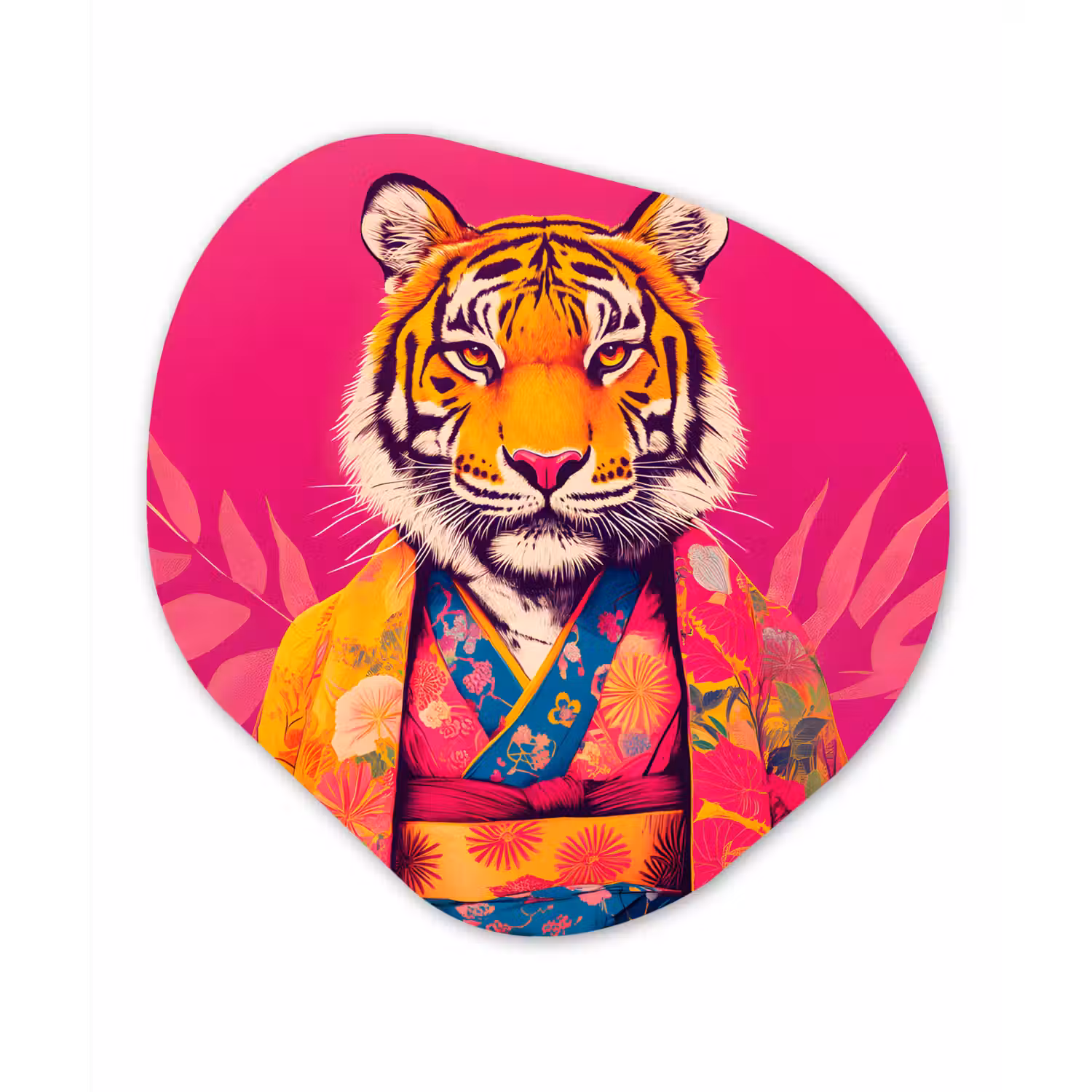 Tijger - Kimono - Planten - Roze Wandcirkel Organisch Plexiglas middel -3d