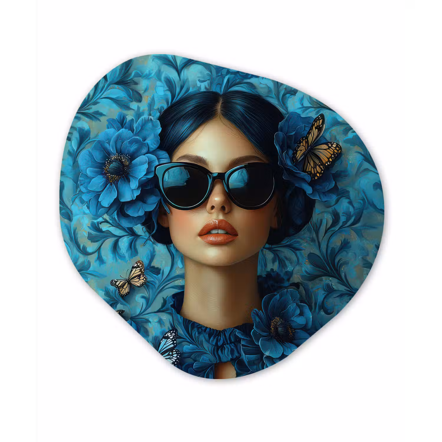 Vrouw - Bloemen - Vlinders - Blauw - Abstract Wandcirkel Organisch Plexiglas middel -3d