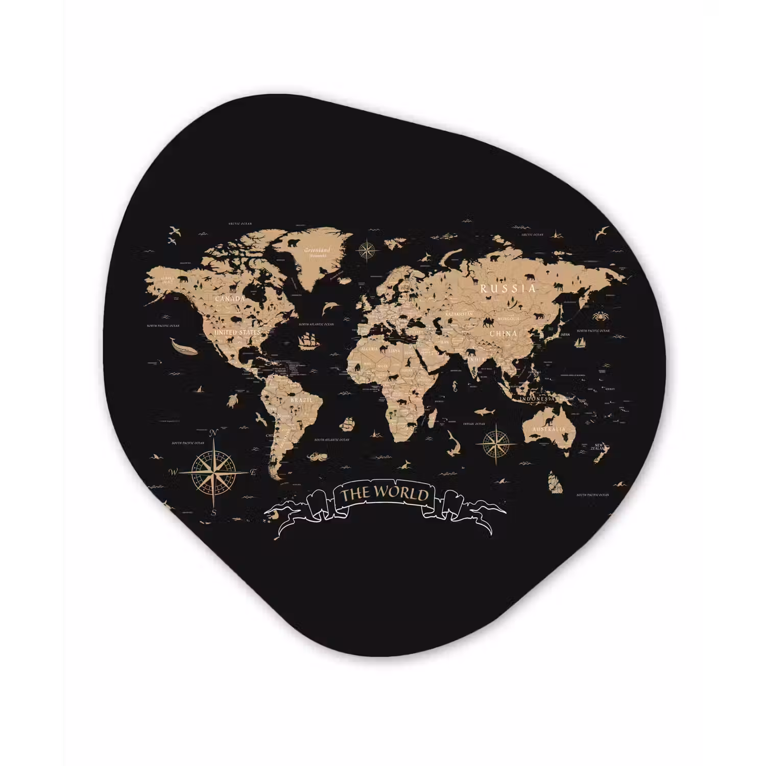 Wereldkaart - Beige - Zwart Wandcirkel Organisch Plexiglas middel -3d