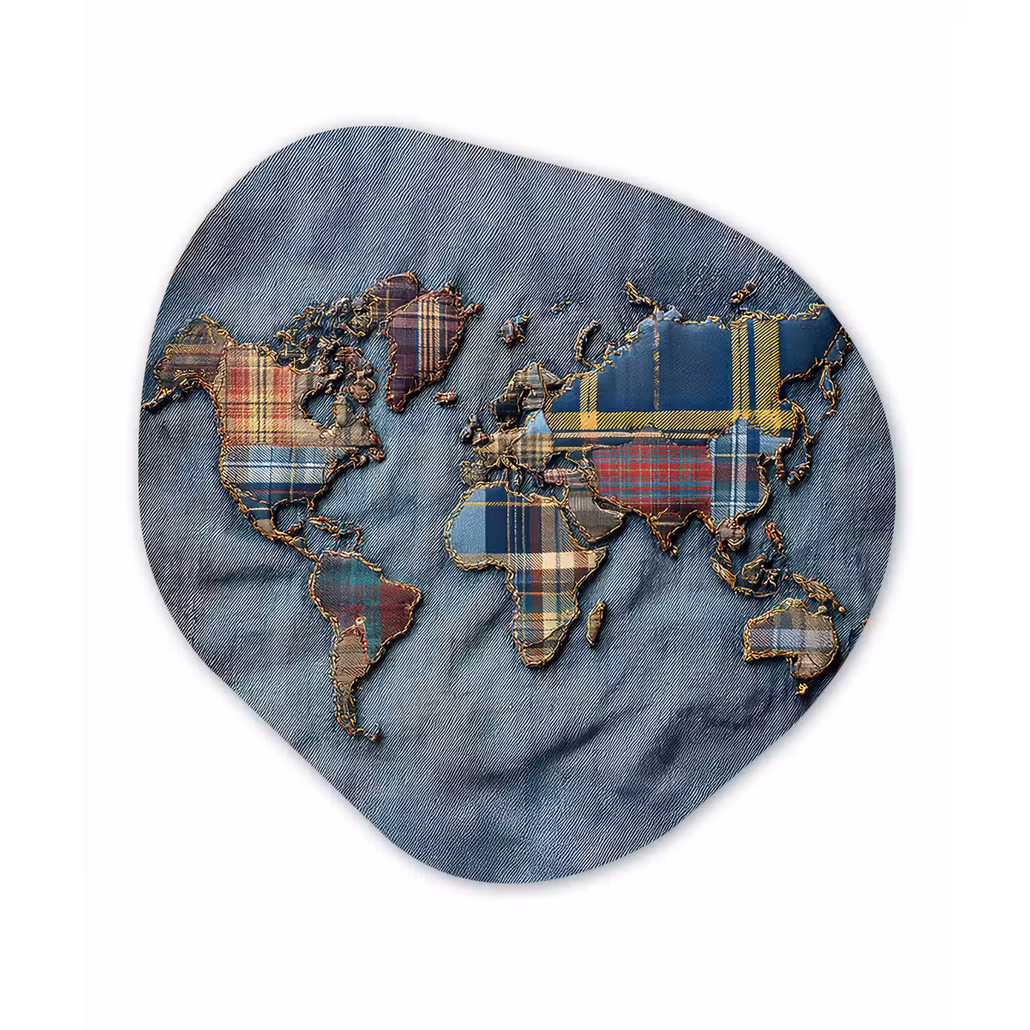Wereldkaart - Denim - Textiel Wandcirkel Organisch Plexiglas middel -3d