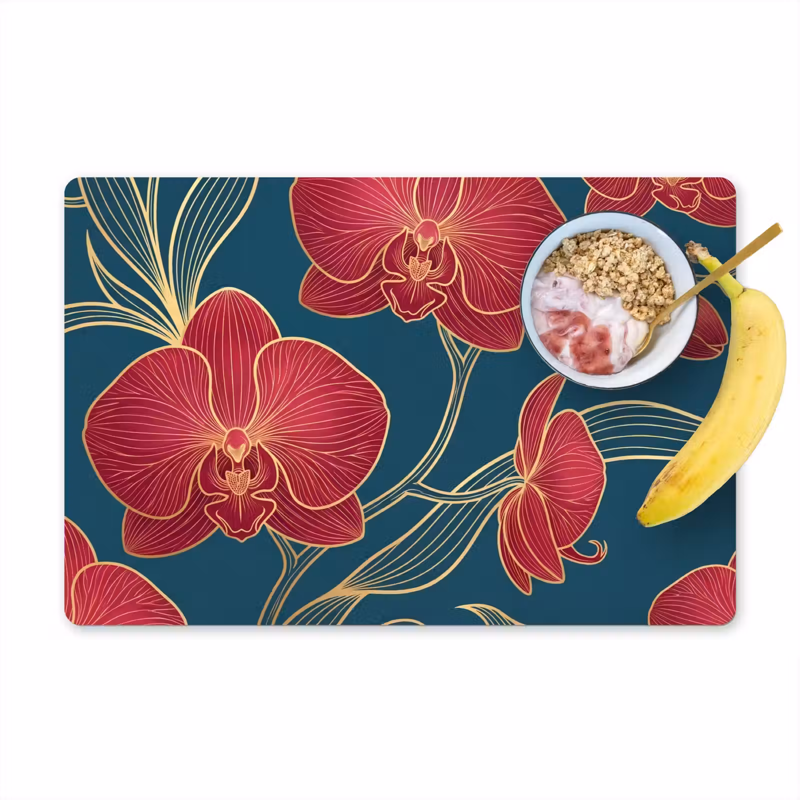 Placemat - 6 stuks - Bloemen - Rood - Goud - Bloemen - Rood - Goud Placemat vinyl groot