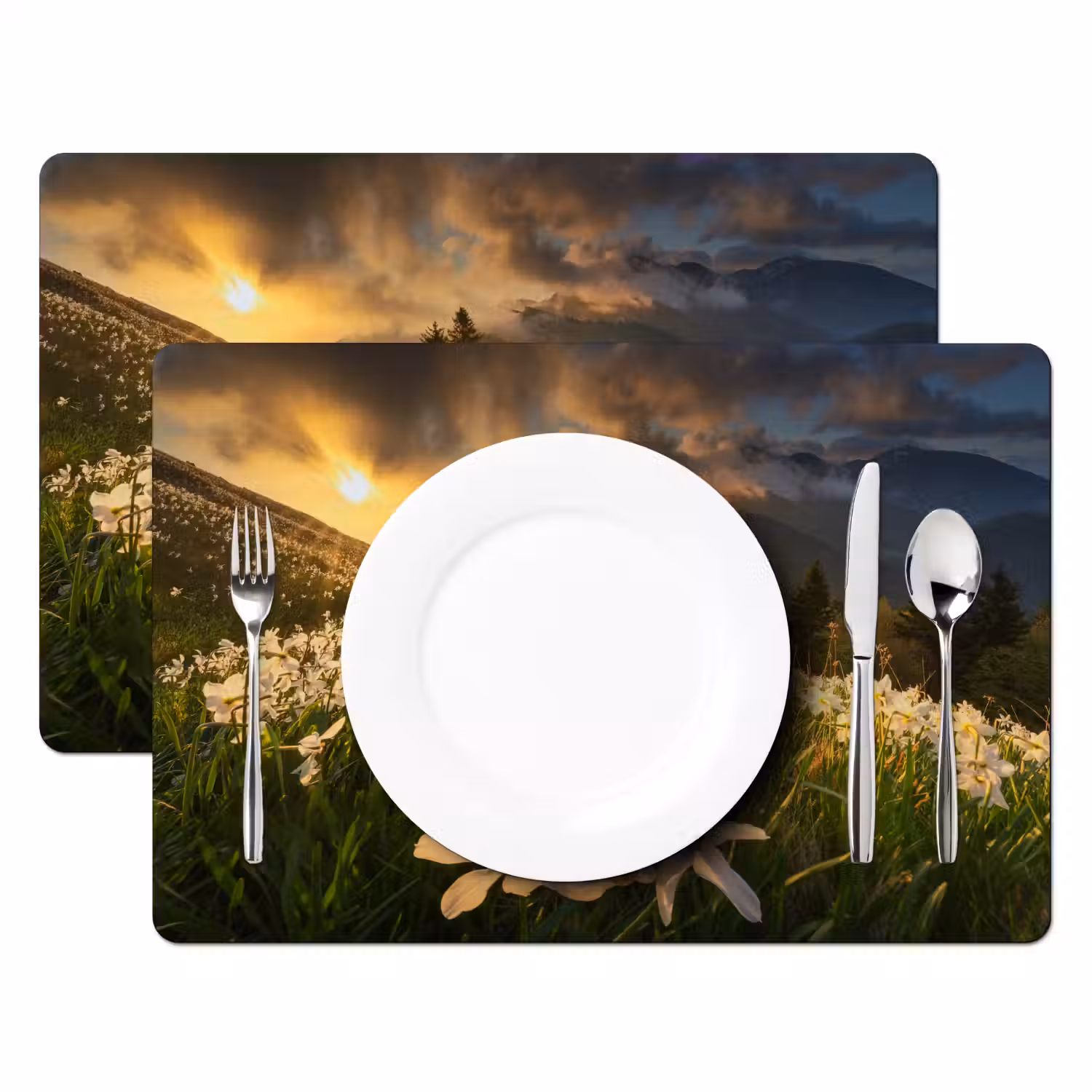 Bloemenveld - Heuvels - Zonsondergang - Berg - Natuur - Wit - Heuvels Placemat vinyl groot -zzsfeer2_Kitchenyeah-website
