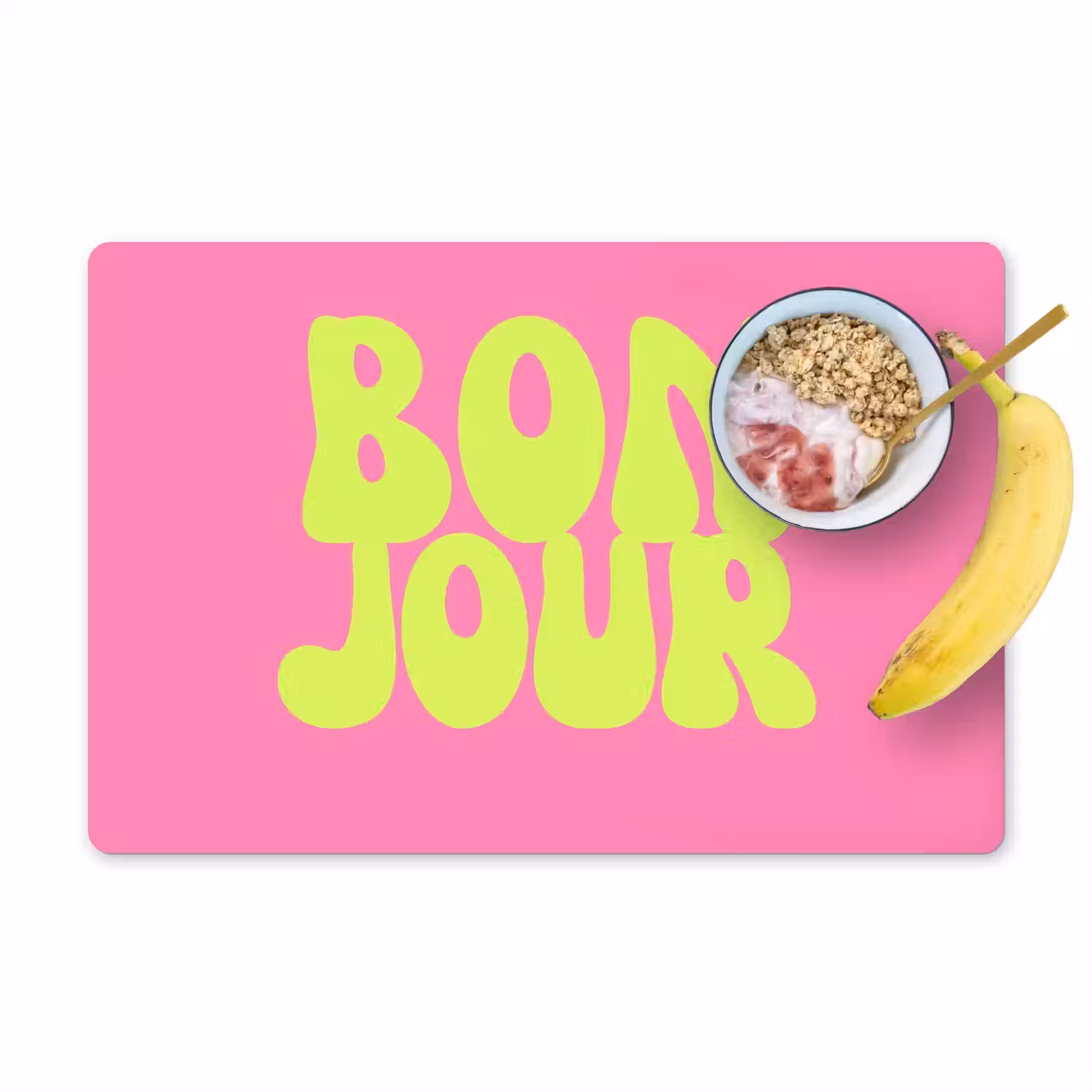 Bonjour - Roze - Fel groen Placemat vinyl groot -zzzproduct_Kitchenyeah-website