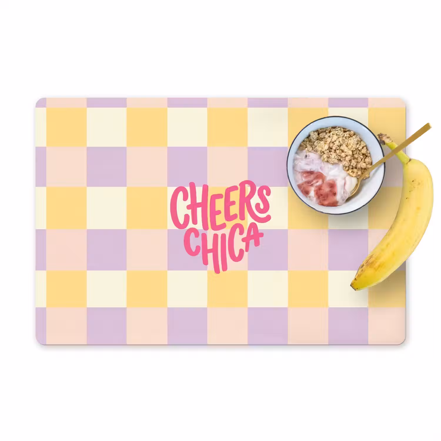 Cheers Chica - Ruitjes - Lila - Geel Placemat vinyl groot -zzzproduct_Kitchenyeah-website