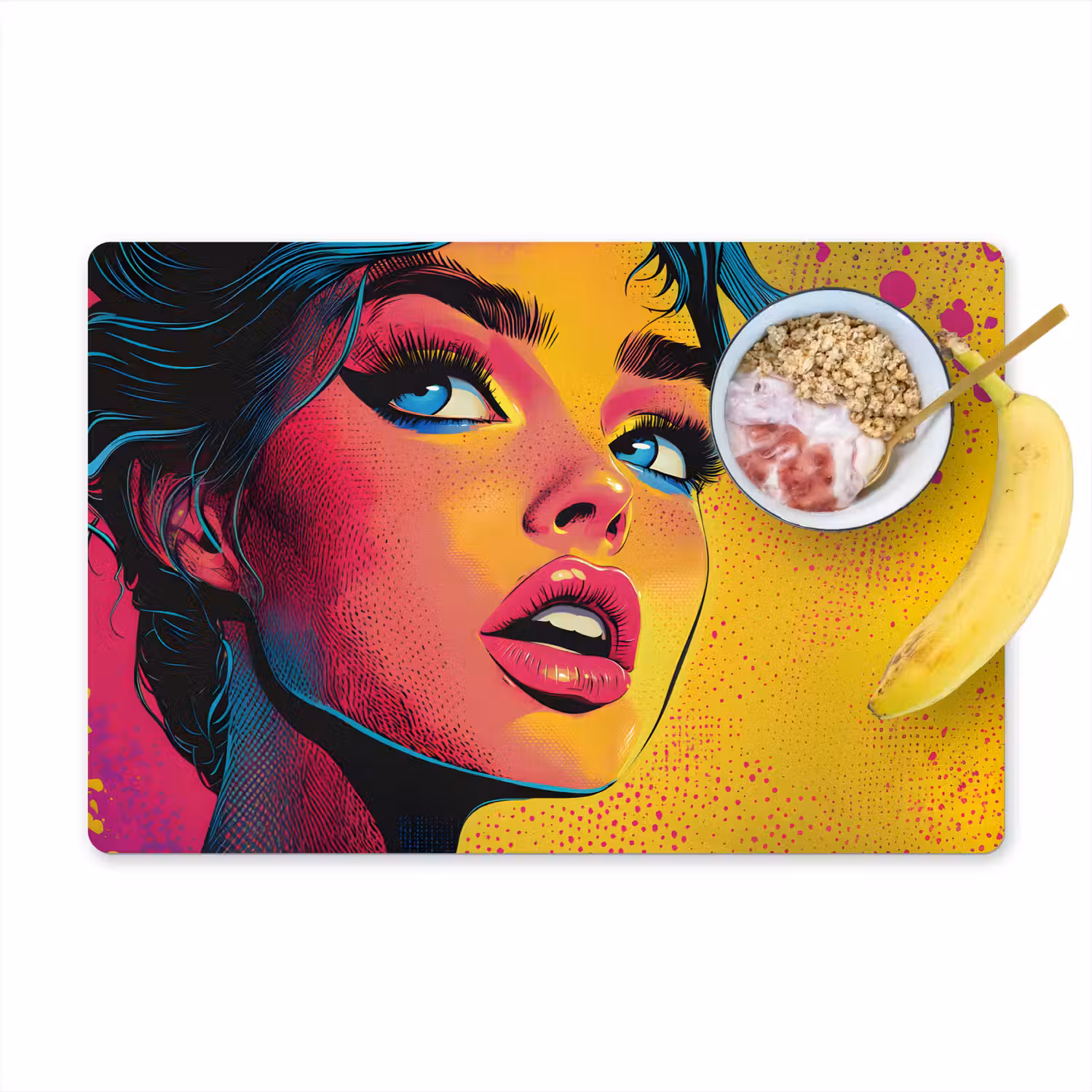 Close-up - Vrouwengezicht - Stippen - Geel Placemat vinyl groot -zzzproduct_Kitchenyeah-website