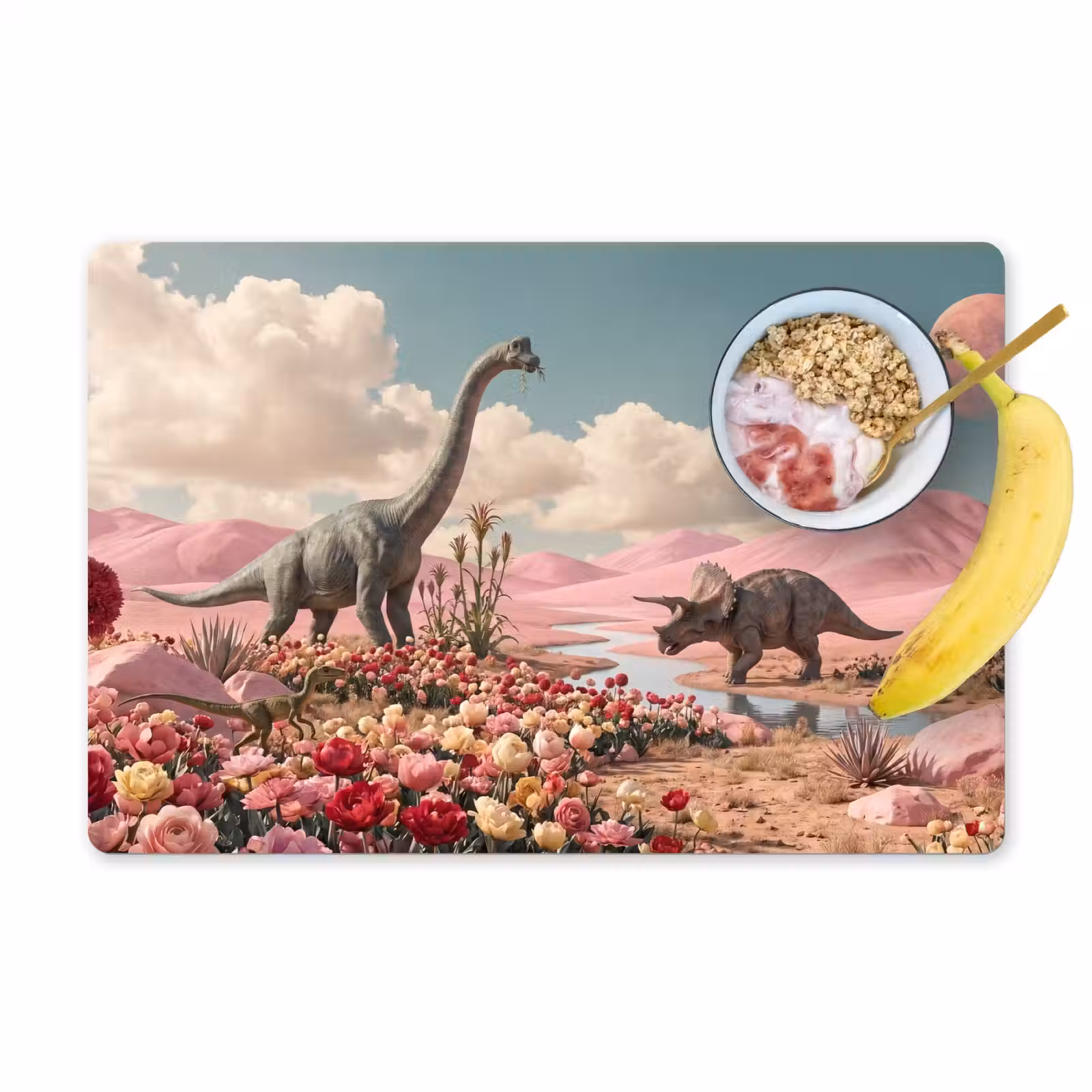 Placemat - 6 stuks - Dinosaurus - Roze - Landschap - Dinosaurus - Roze - Landschap Placemat vinyl groot