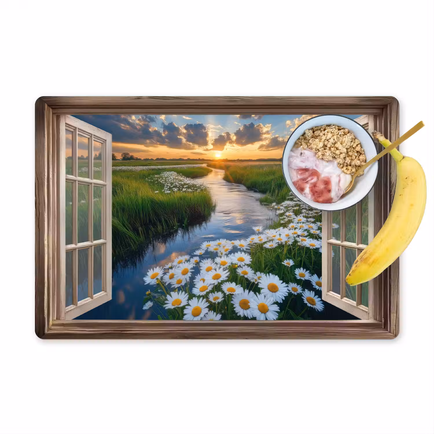 Doorkijk - Landschap - Raam - Water - Zonsondergang Placemat vinyl groot -zzzproduct_Kitchenyeah-website