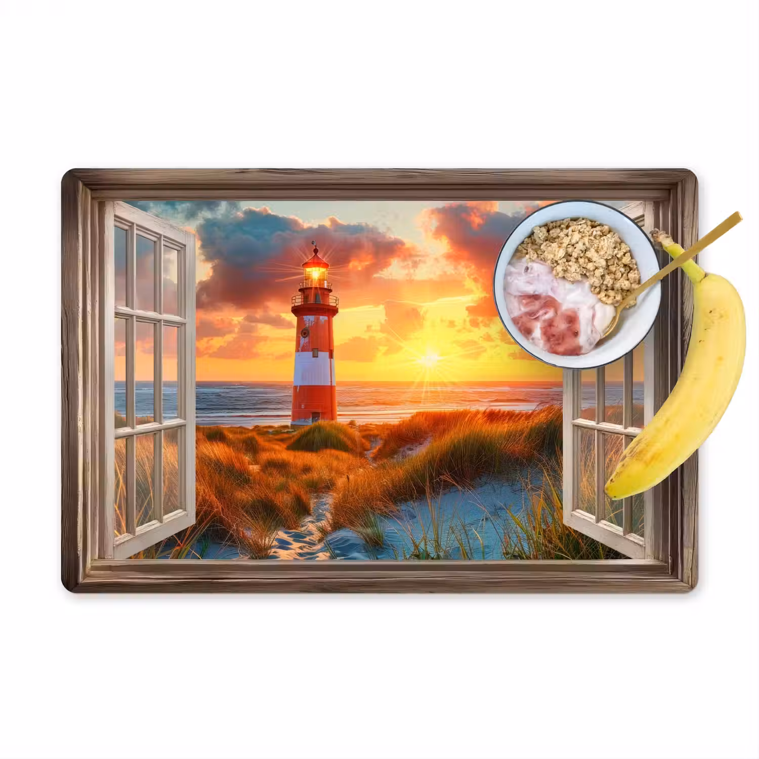 Doorkijk - Raam - Vuurtoren - Zonsondergang - Strand Placemat vinyl groot -zzzproduct_Kitchenyeah-website