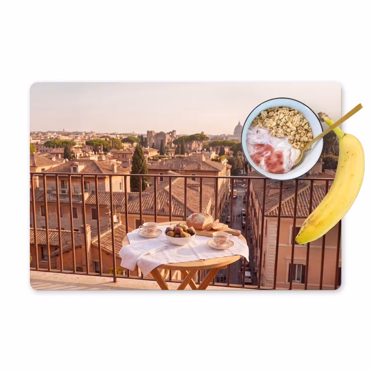 Eten - Ontbijt - Balkon - Stad - Zonsopgang Placemat vinyl groot -zzzproduct_Kitchenyeah-website