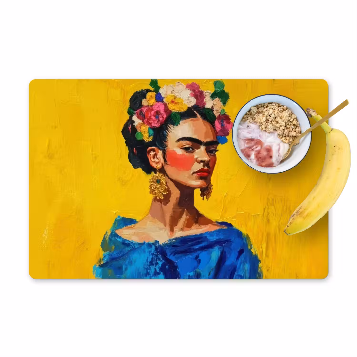 Frida Kahlo - Vrouw - Geel - Blauw - Bloemen Placemat vinyl groot -zzzproduct_Kitchenyeah-website