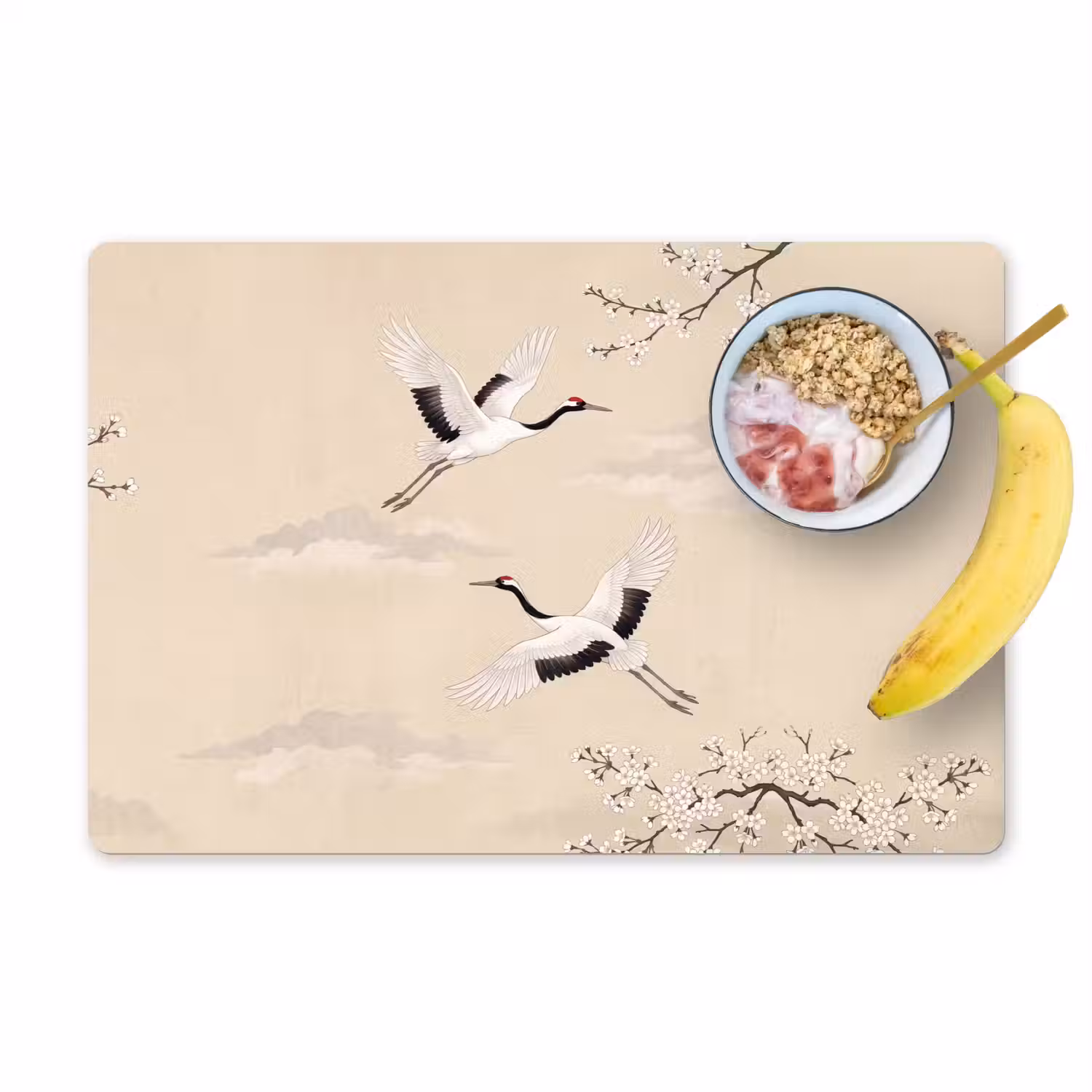 Kraanvogels - Bloesem - Beige Placemat vinyl groot -zzzproduct_Kitchenyeah-website