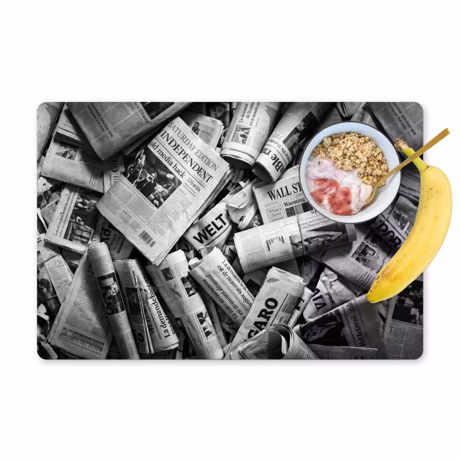 Krant - Stapel - Nieuws - Zwart-wit Placemat vinyl groot -zzzproduct_Kitchenyeah-website
