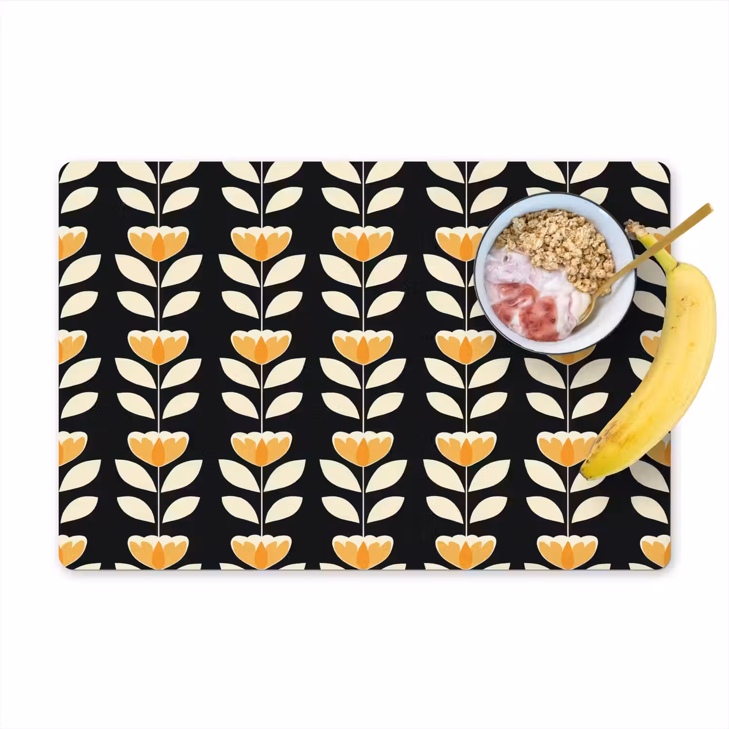 Retro - Bloem - Zwart - Okergeel Placemat vinyl groot 368 -zzzproduct_Kitchenyeah-website