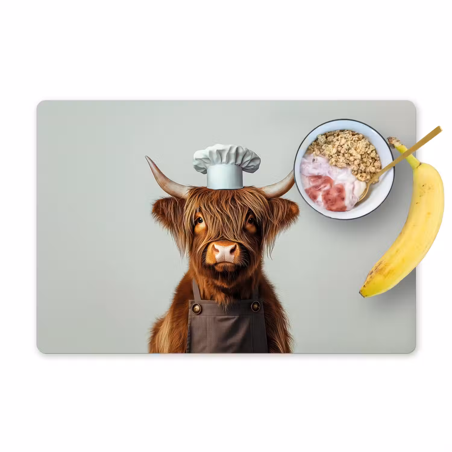 Schotse Hooglander - Bruin - Hoorns - Kokskleding Placemat vinyl groot -zzzproduct_Kitchenyeah-website