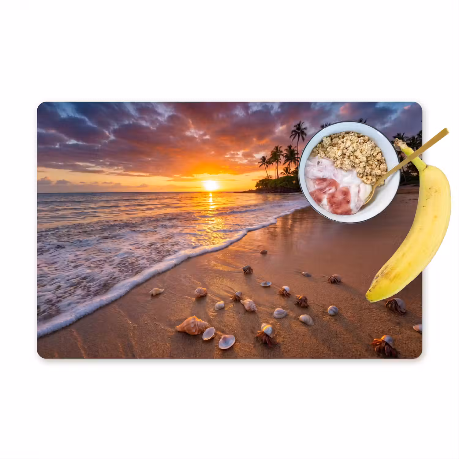 Strand - Zonsondergang - Palmbomen - Natuur - Oranje Placemat vinyl groot -zzzproduct_Kitchenyeah-website