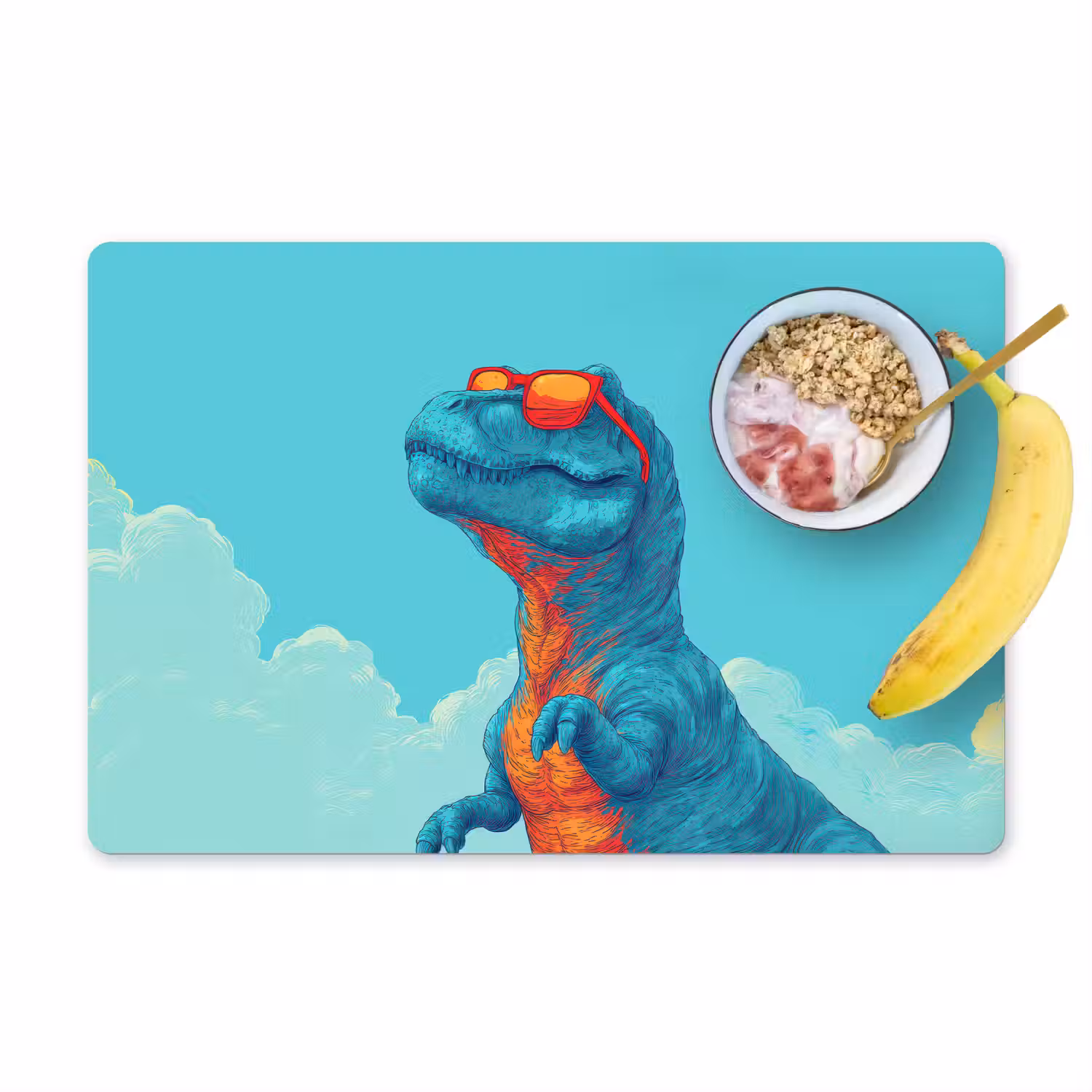 T-Rex - Blauw - Wolken - Zonnebril Placemat vinyl groot -zzzproduct_Kitchenyeah-website