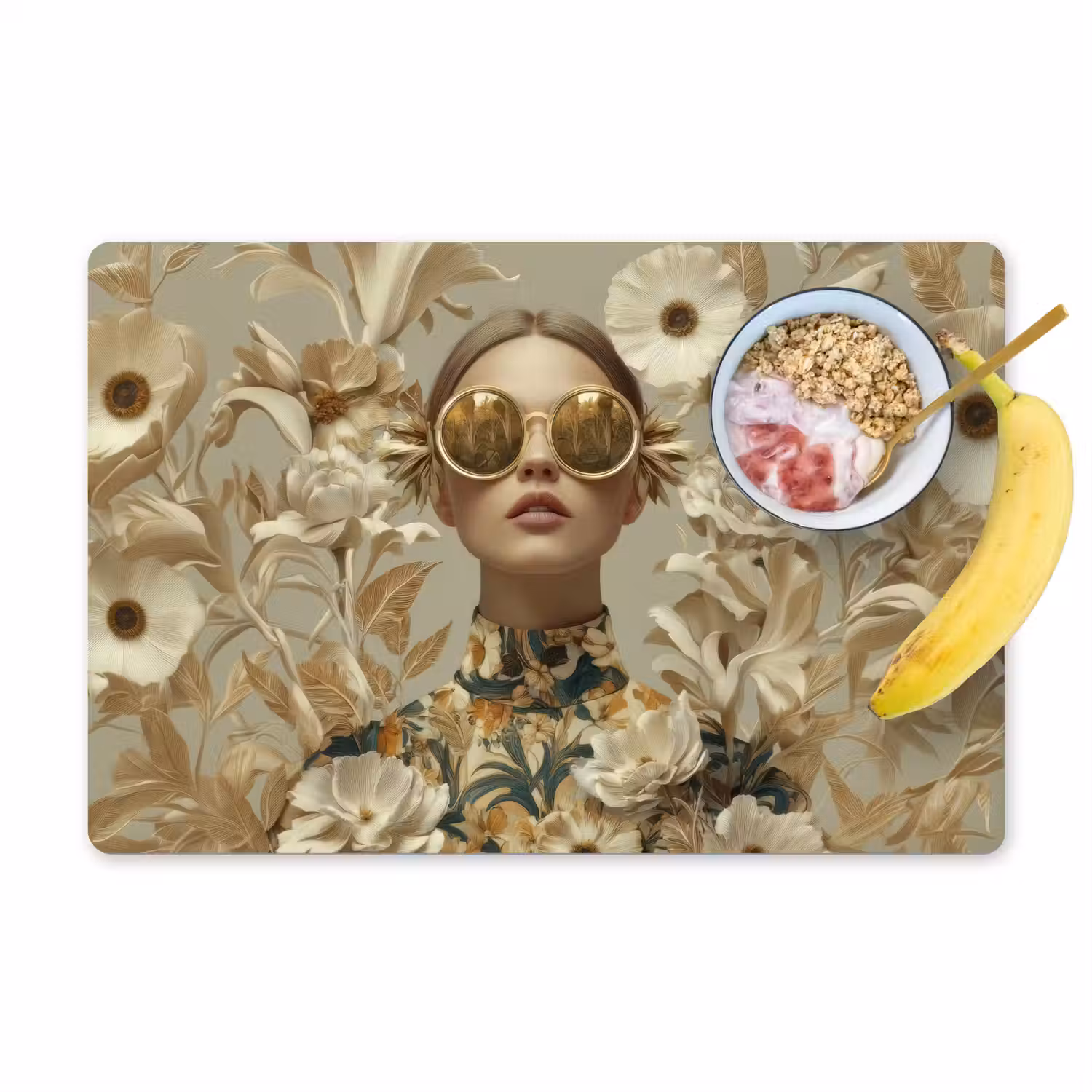 Vrouw - Bloemen - Zonnebril - Wit Placemat vinyl groot -zzzproduct_Kitchenyeah-website