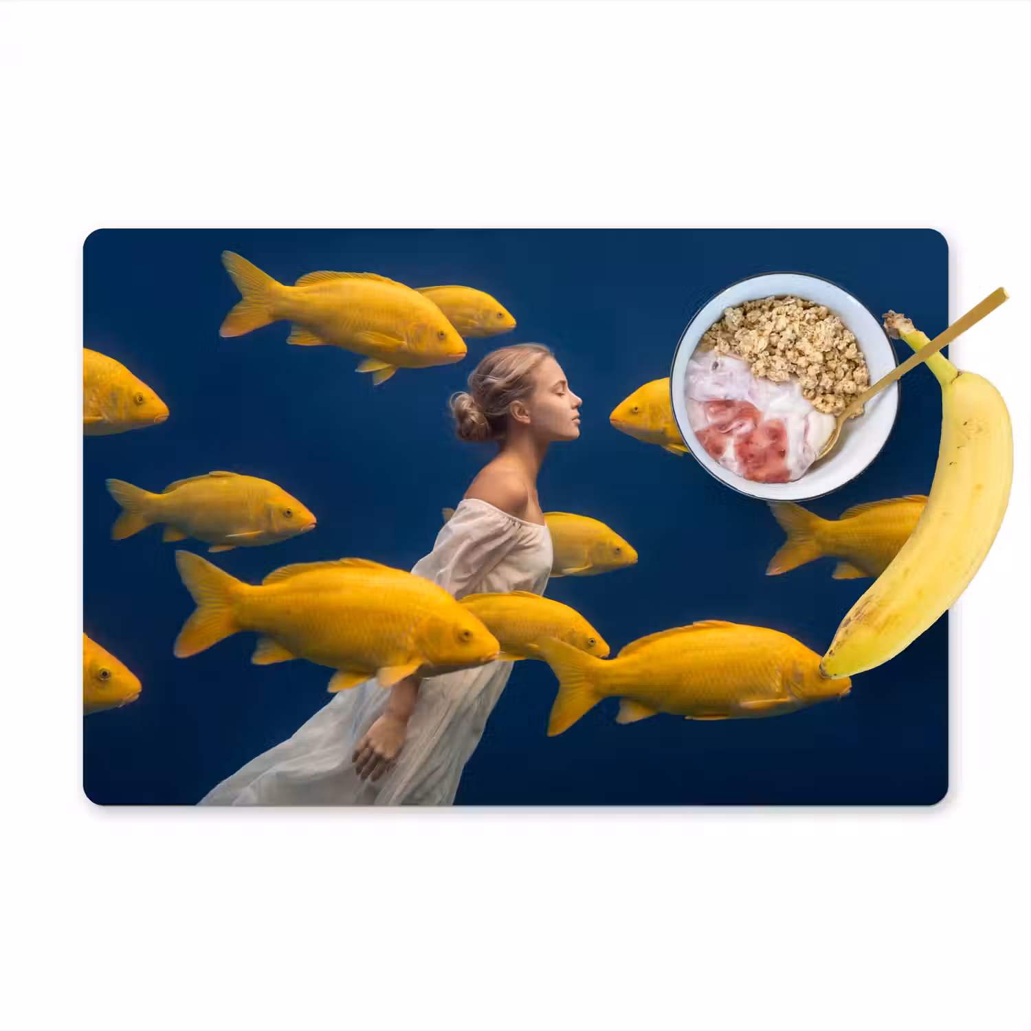Vrouw - Vis - Water - Natuur - Geel Placemat vinyl groot -zzzproduct_Kitchenyeah-website