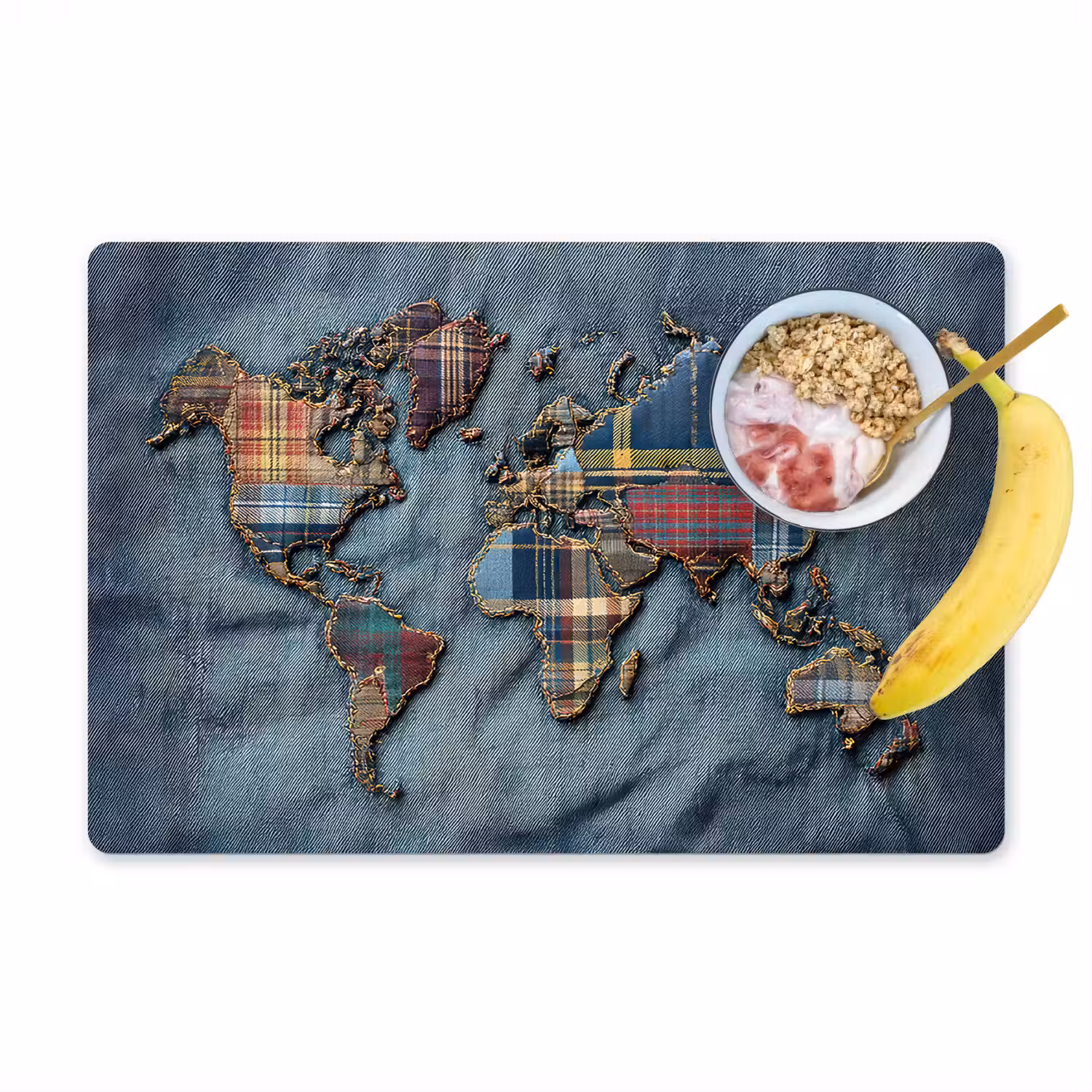 Wereldkaart - Denim - Textiel Placemat vinyl groot -zzzproduct_Kitchenyeah-website