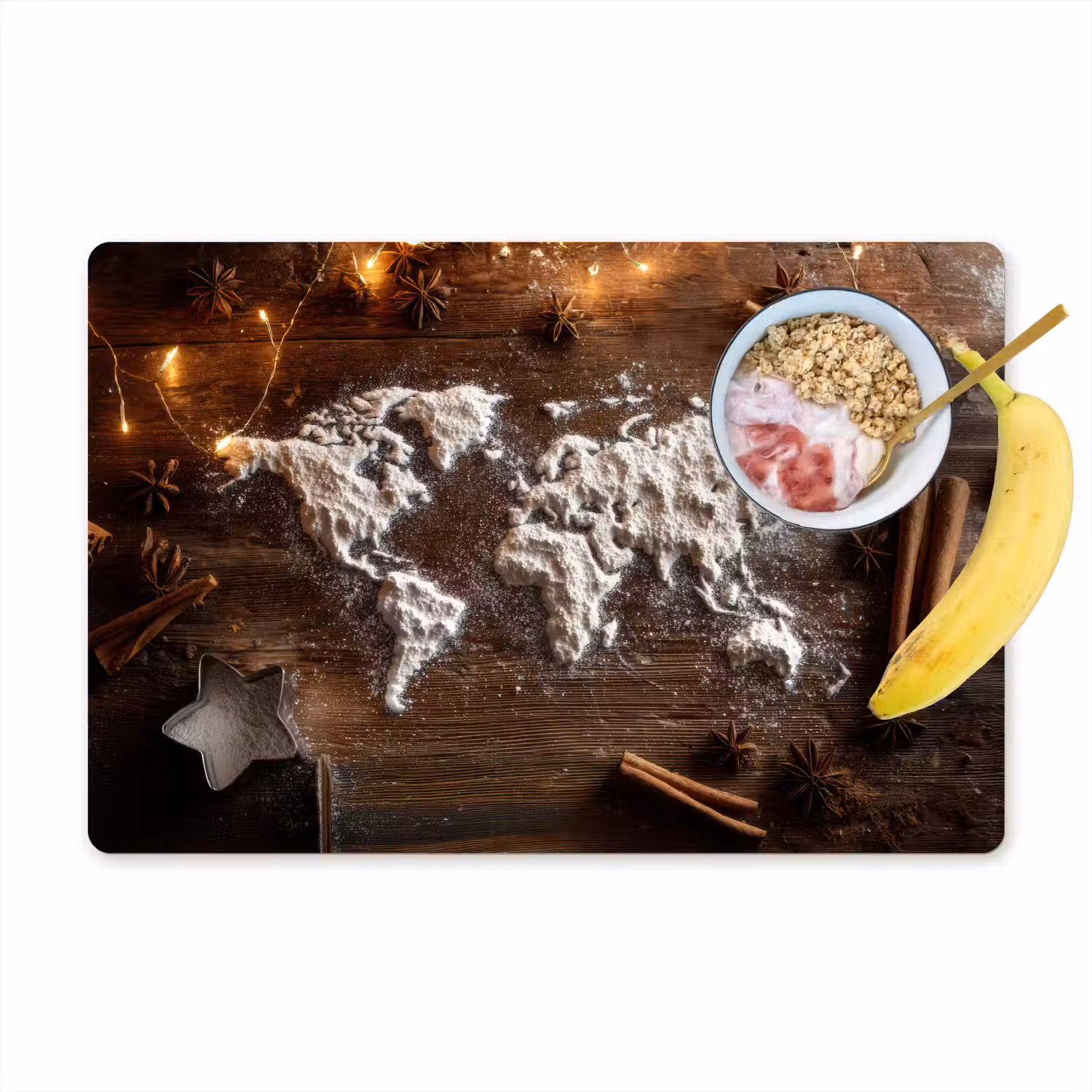 Wereldkaart - Poedersuiker - Hout Placemat vinyl groot -zzzproduct_Kitchenyeah-website
