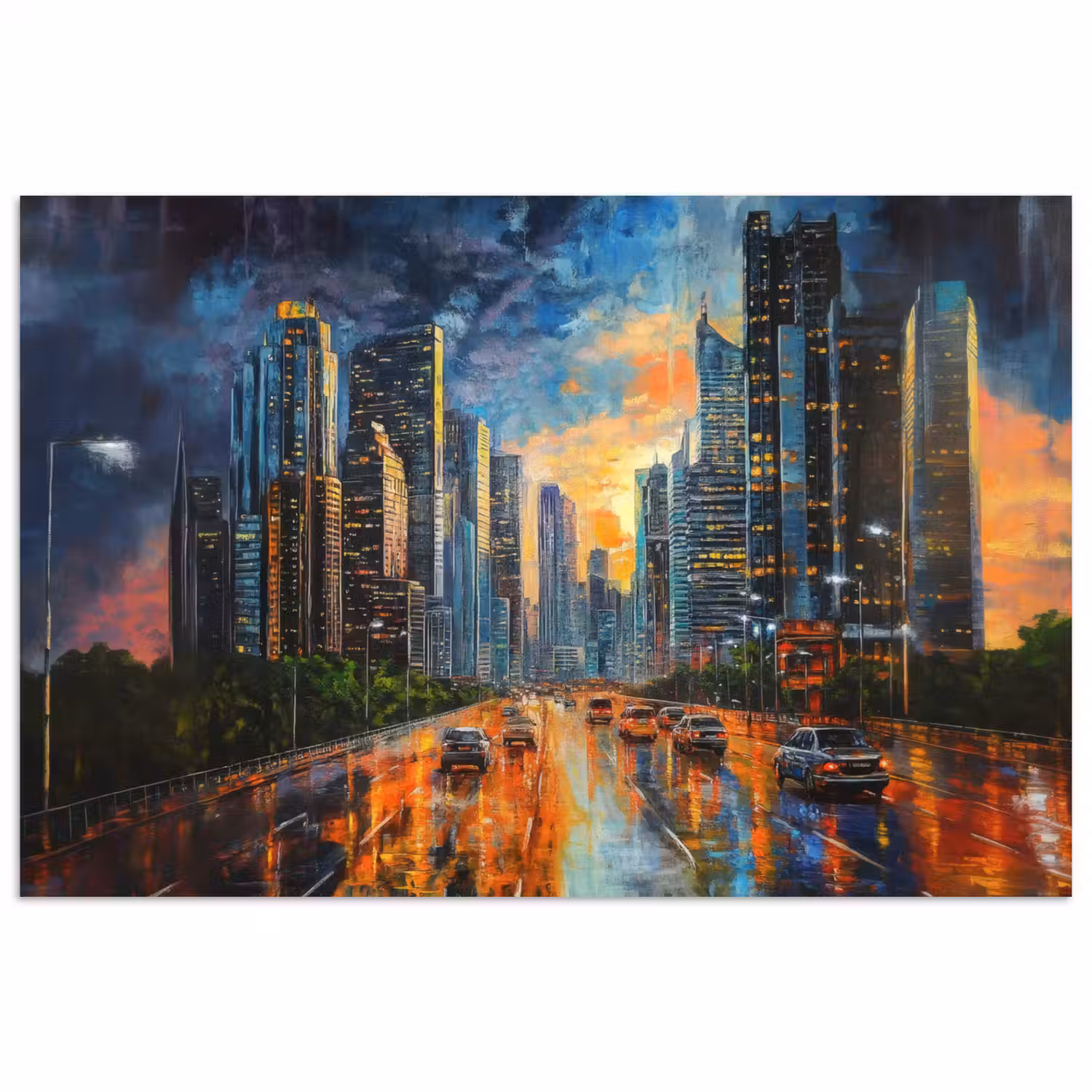 Auto - Skyline - Zon - Blauw poster papier klein -3d