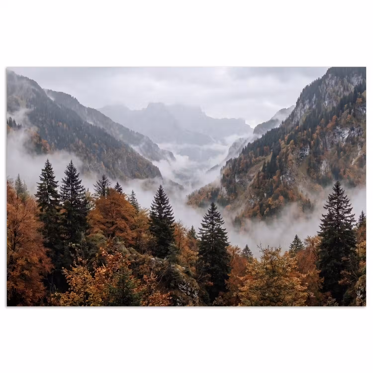 Bergen - Vallei - Mist - Herfst - Natuur poster papier klein -3d