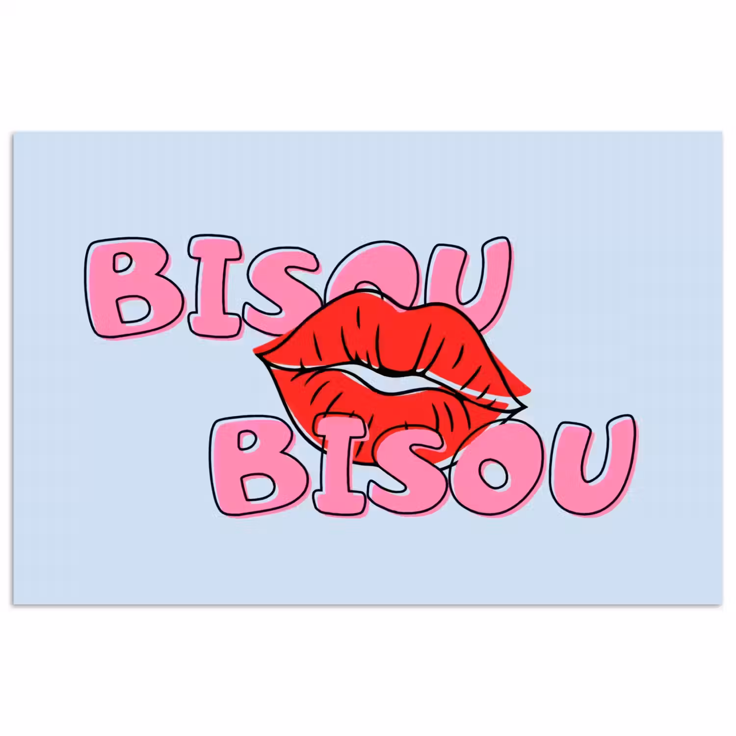 Bisou - Blauw - Roze - Lippen poster papier klein -3d