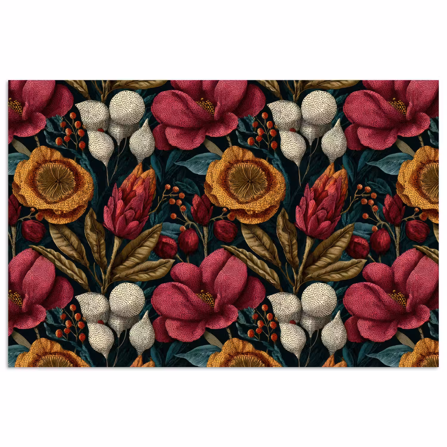 Bloemen - Patroon - Rood - Goud poster papier klein 62 -3d
