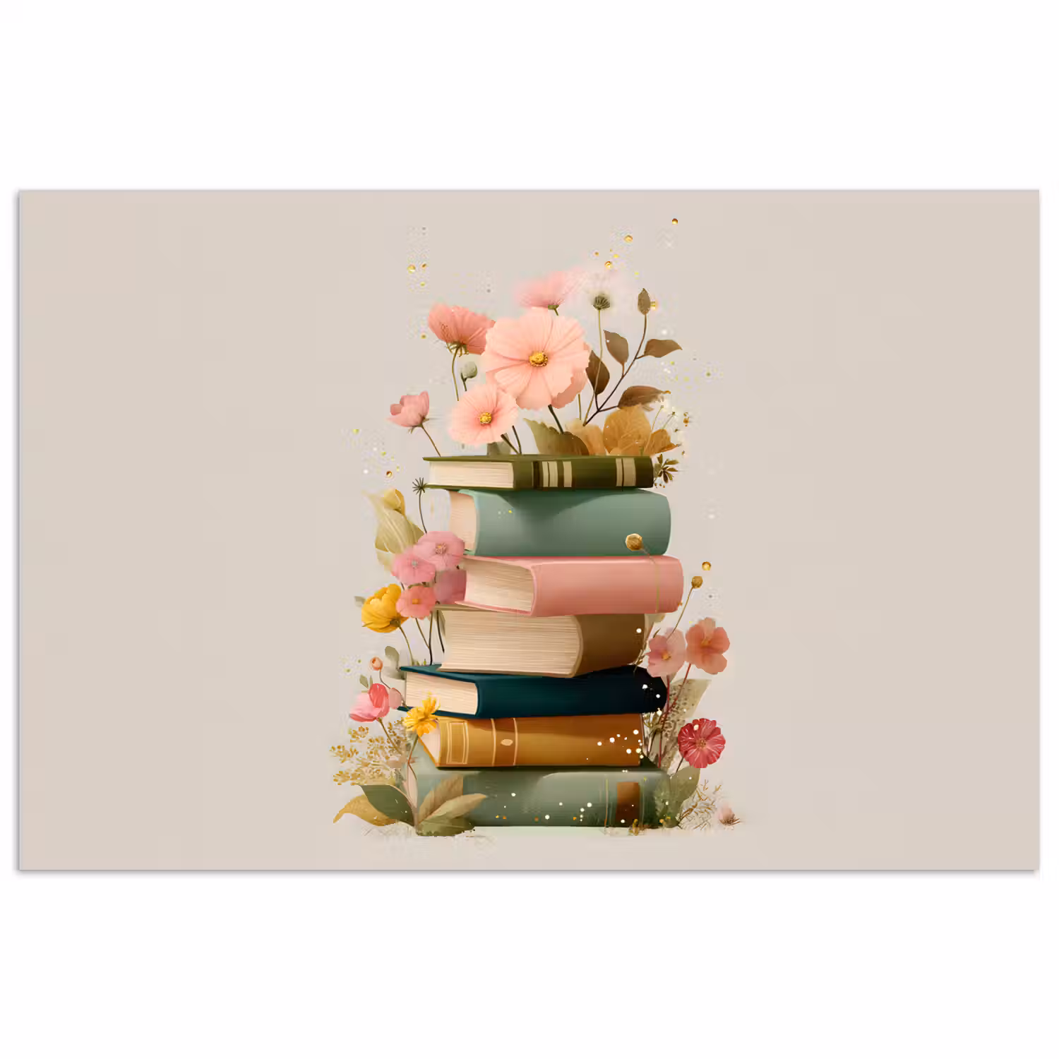 Boeken - Stapel - Bloemen - Kleurrijk poster papier klein -3d