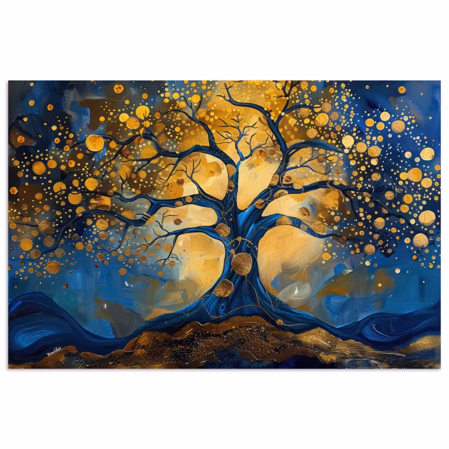 Boom - Levensboom - Blauw - Goud poster papier klein -3d