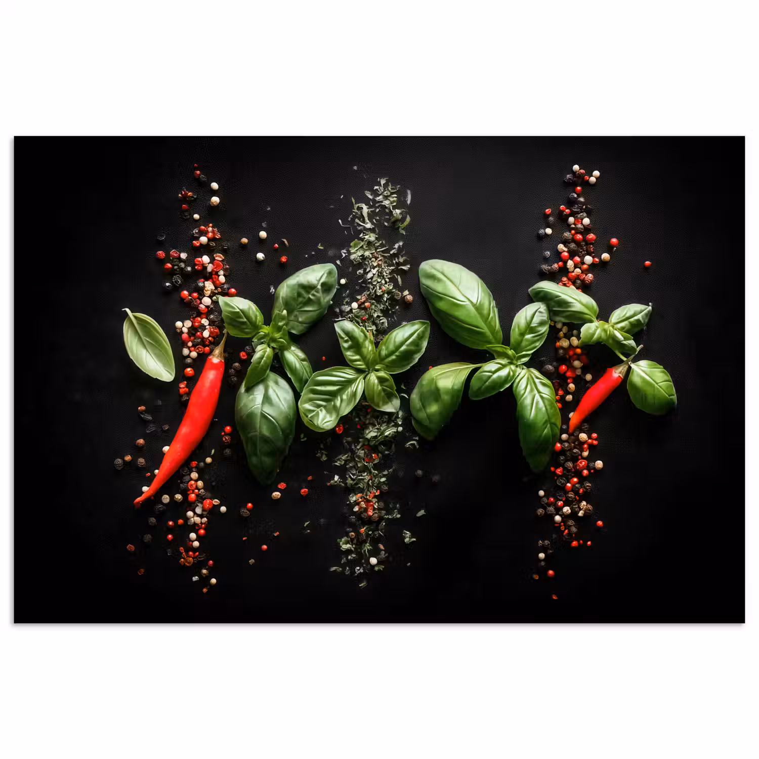 Chilipepers - Basilicum - Blaadjes - Rood poster papier klein -3d