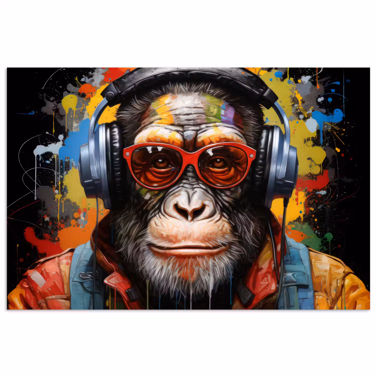 Chimpansee - Aap - dieren - Graffiti - Bril - Koptelefoon - Kleuren poster papier klein -3d