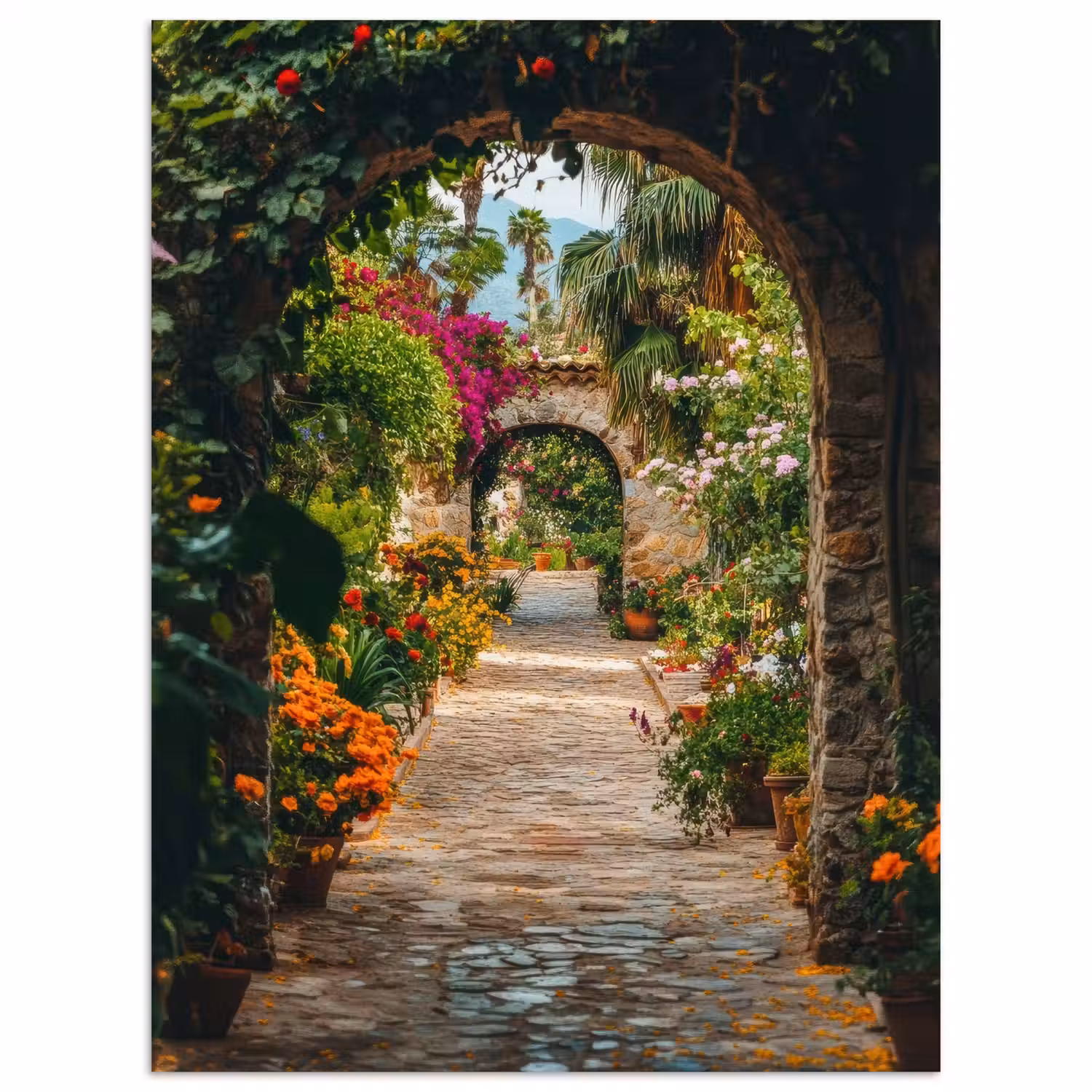 Doorkijk - Bloemen - Poort - Stenen poster papier klein -3d