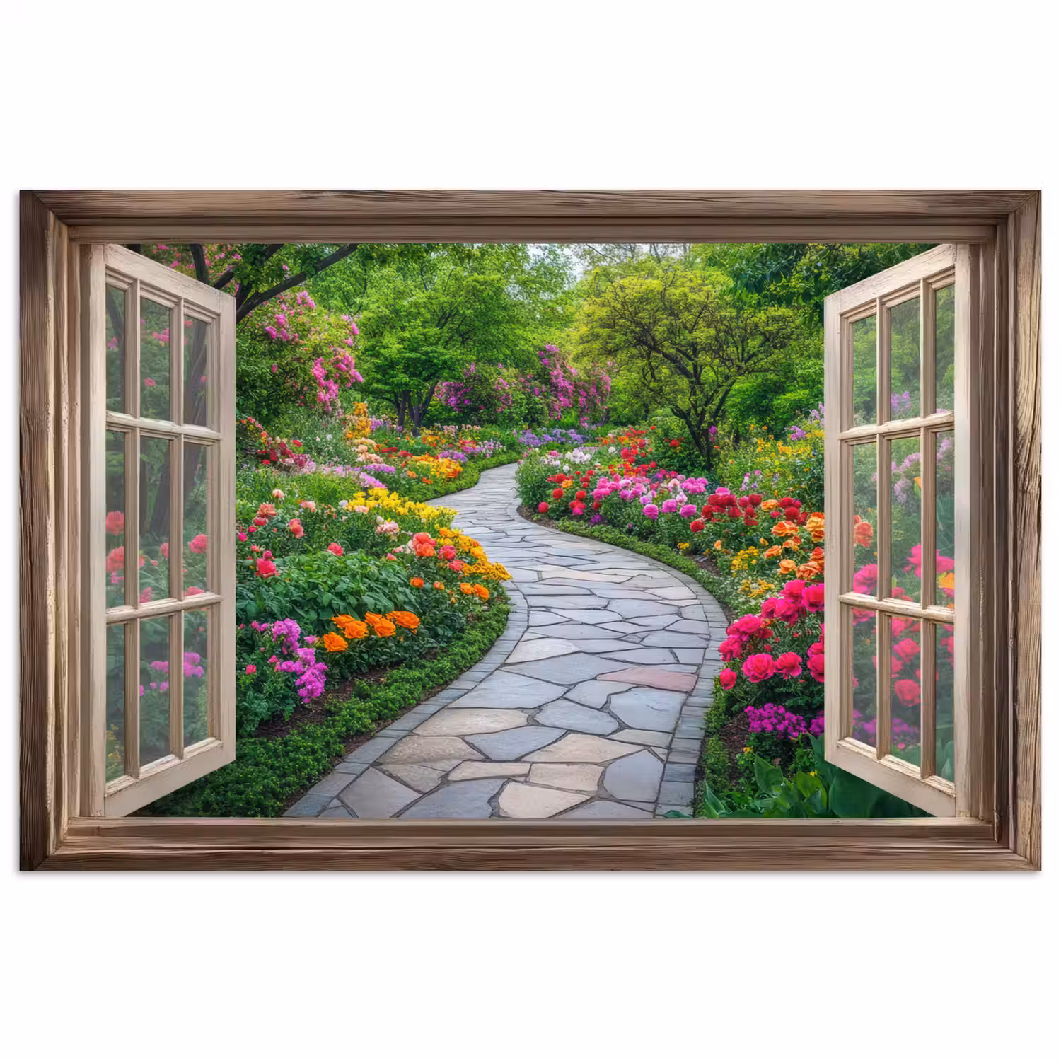 Doorkijk - Bloemen - Tuinpad - Natuur - Raam poster papier klein -3d
