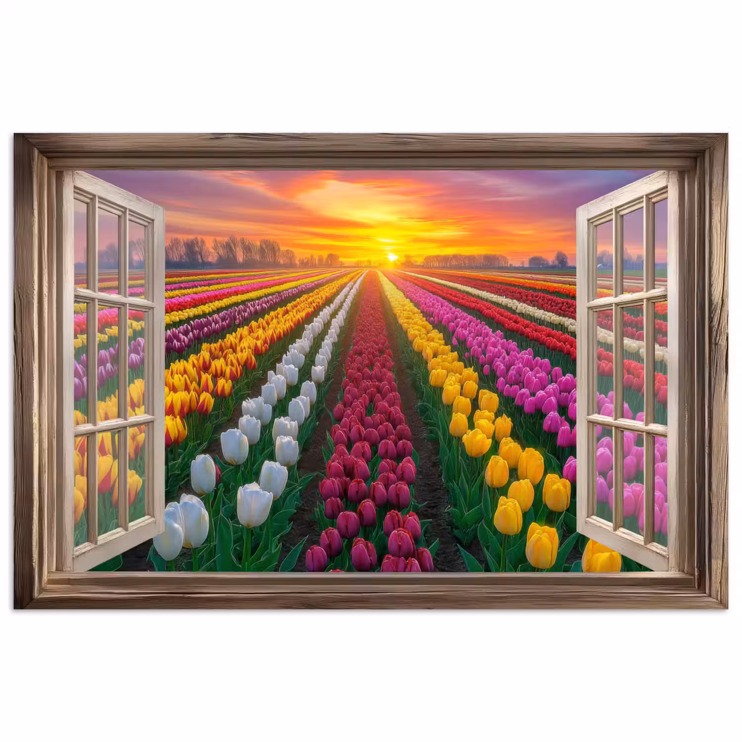 Doorkijk - Bloemen - Tulpen - Kleurrijk - Zonsondergang poster papier klein -3d
