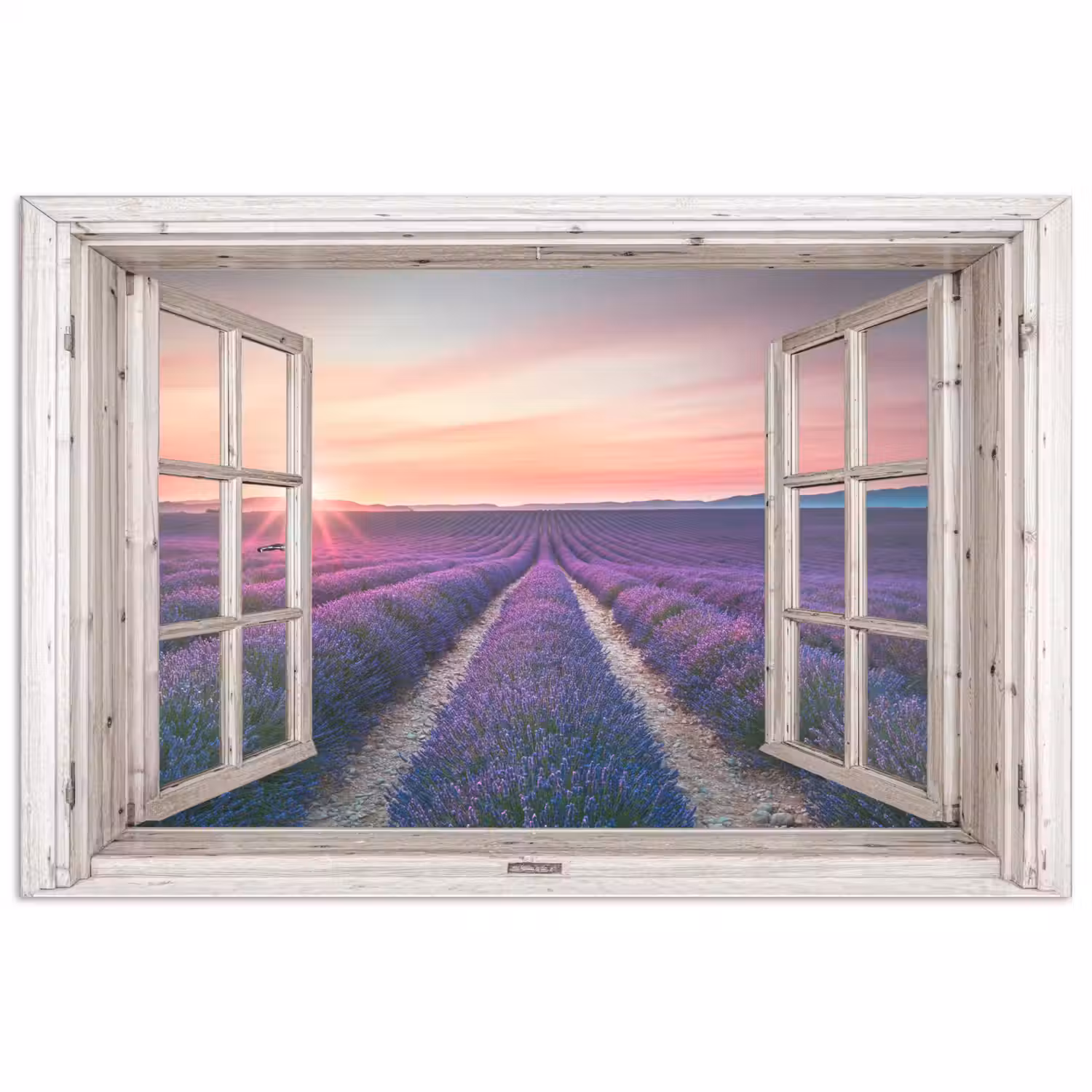 Doorkijk - Lavendel - Bloemen - Hout - Zonsondergang - Paars poster papier klein -3d