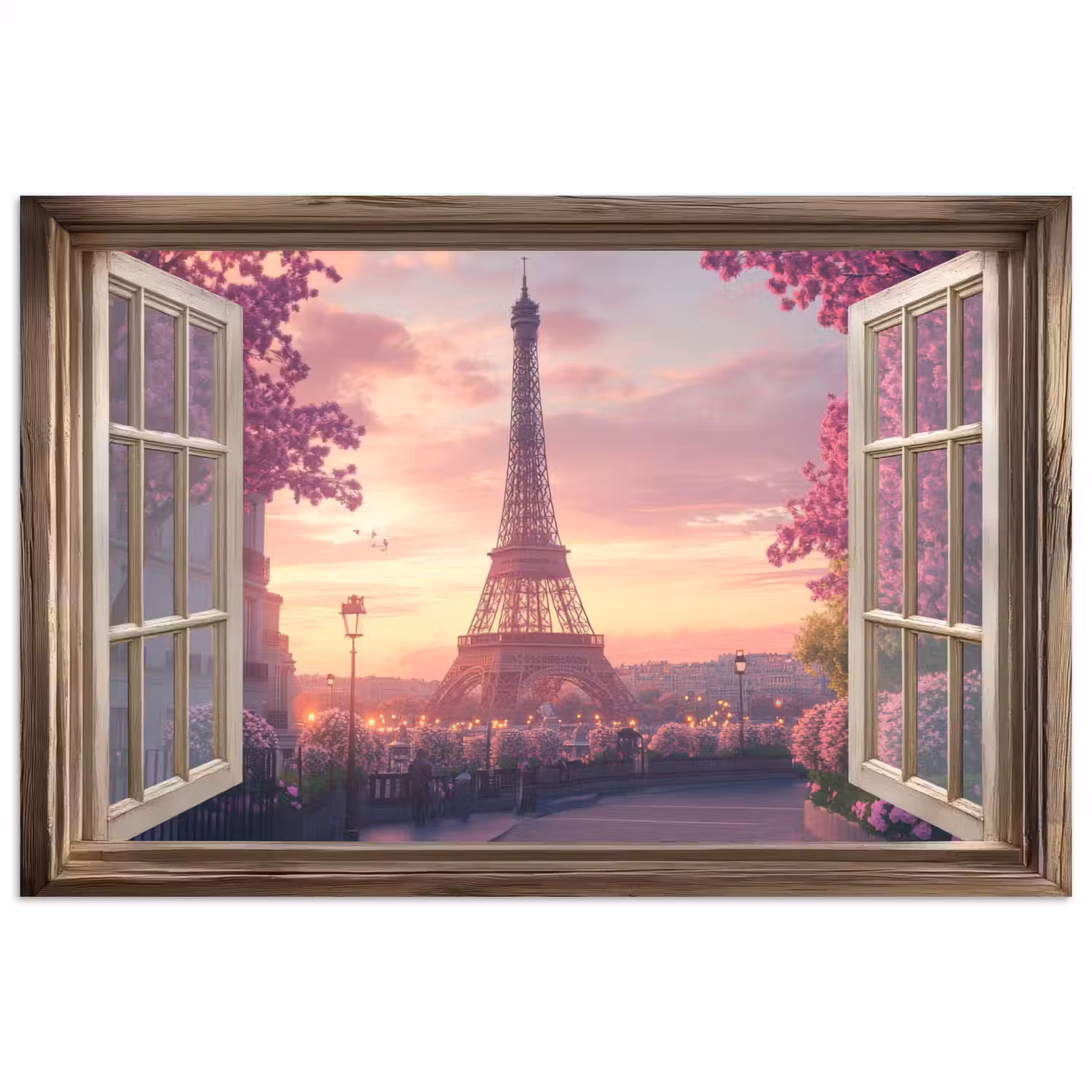Doorkijk - Parijs - Eiffeltoren - Roze - Kersenbloesem poster papier klein -3d