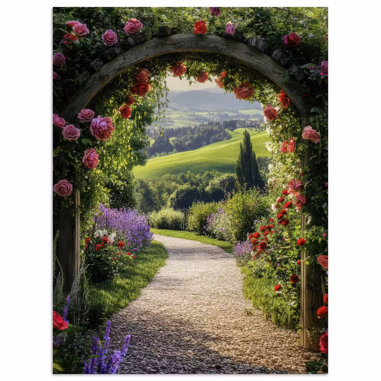Doorkijk - Tuinboog - Bloemen - Natuur - Pad poster papier klein -3d