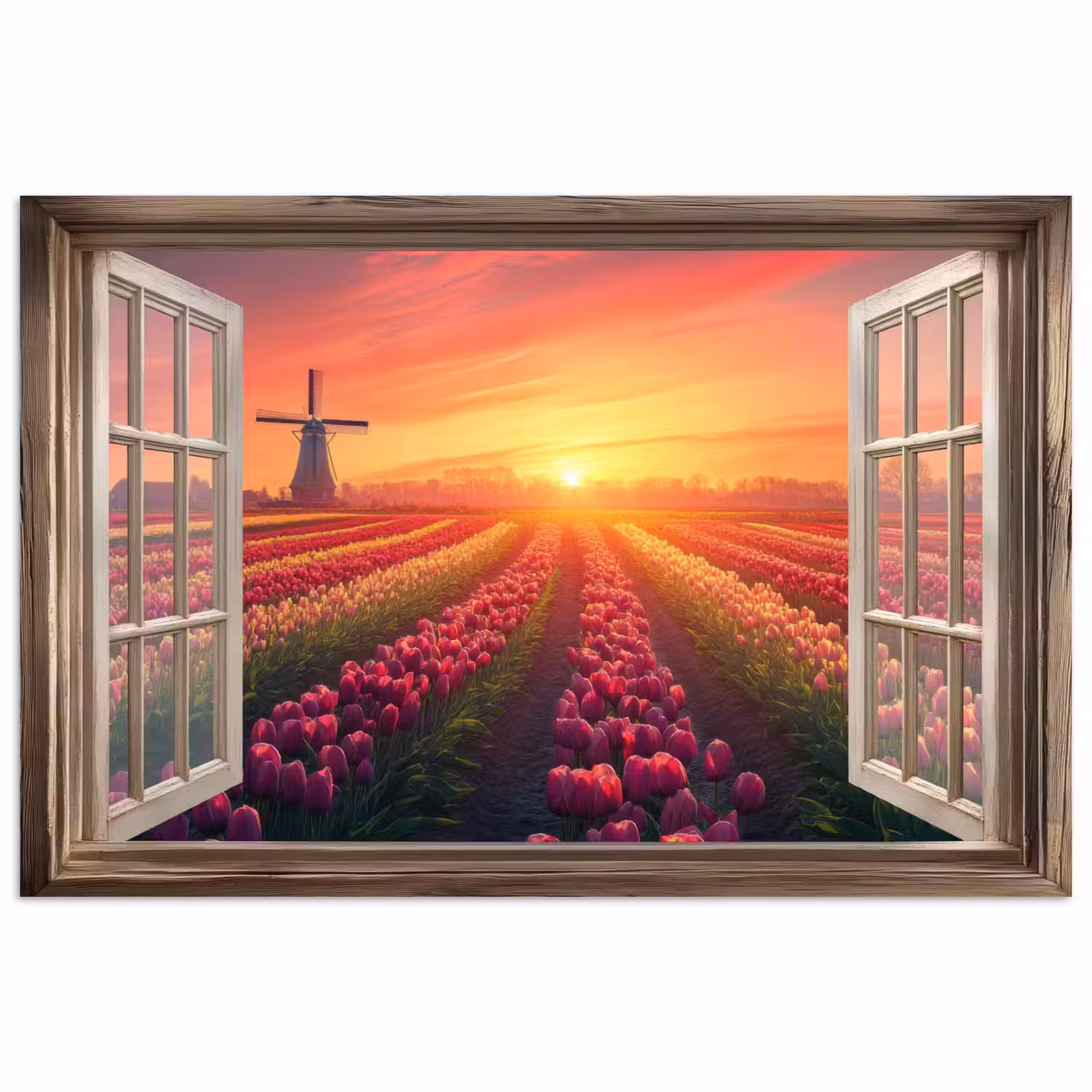 Doorkijk - Tulpen - Zonsondergang - Bloemen - Kleurrijk poster papier klein -3d
