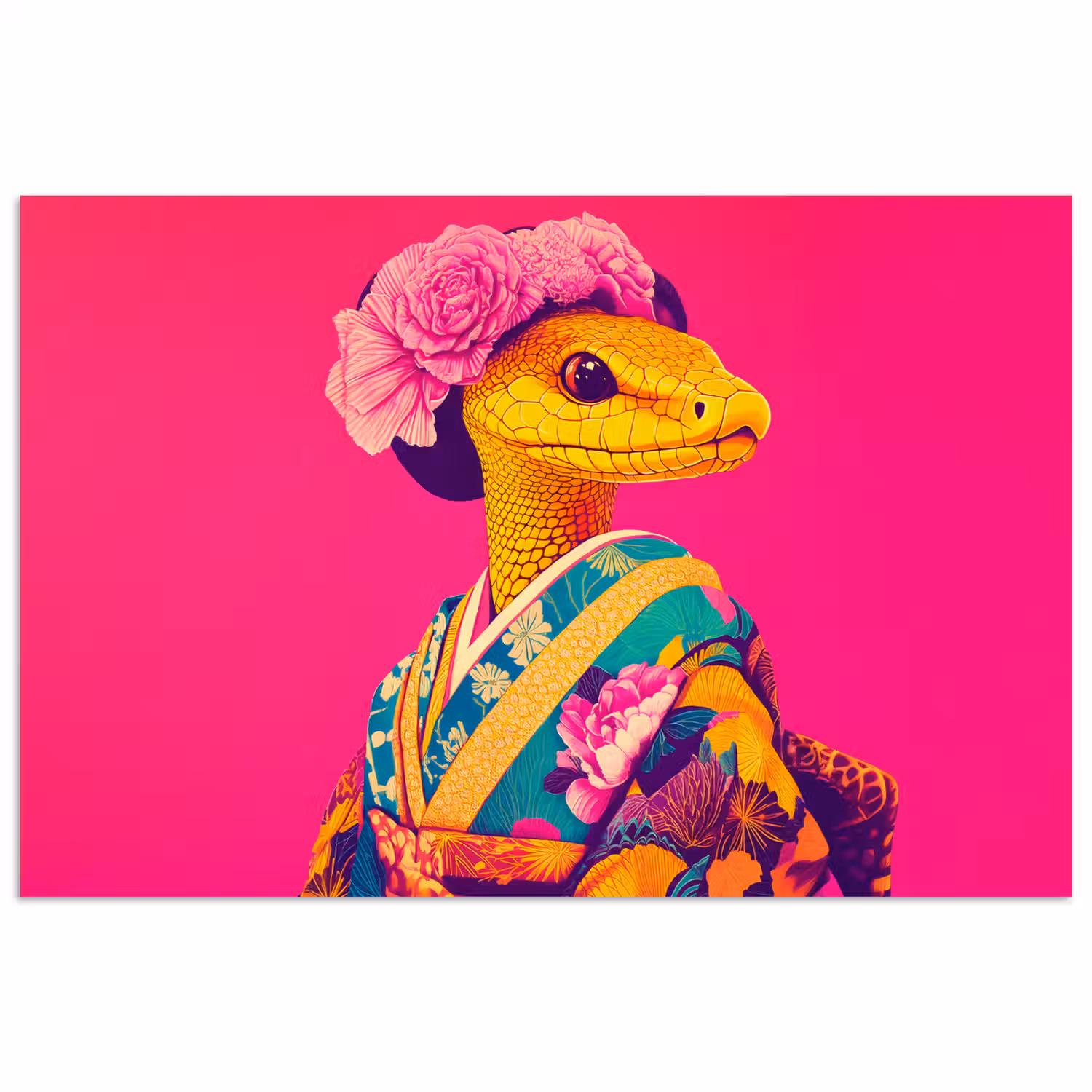 Hagedis - Bloemen - Roze - Kimono poster papier klein -3d