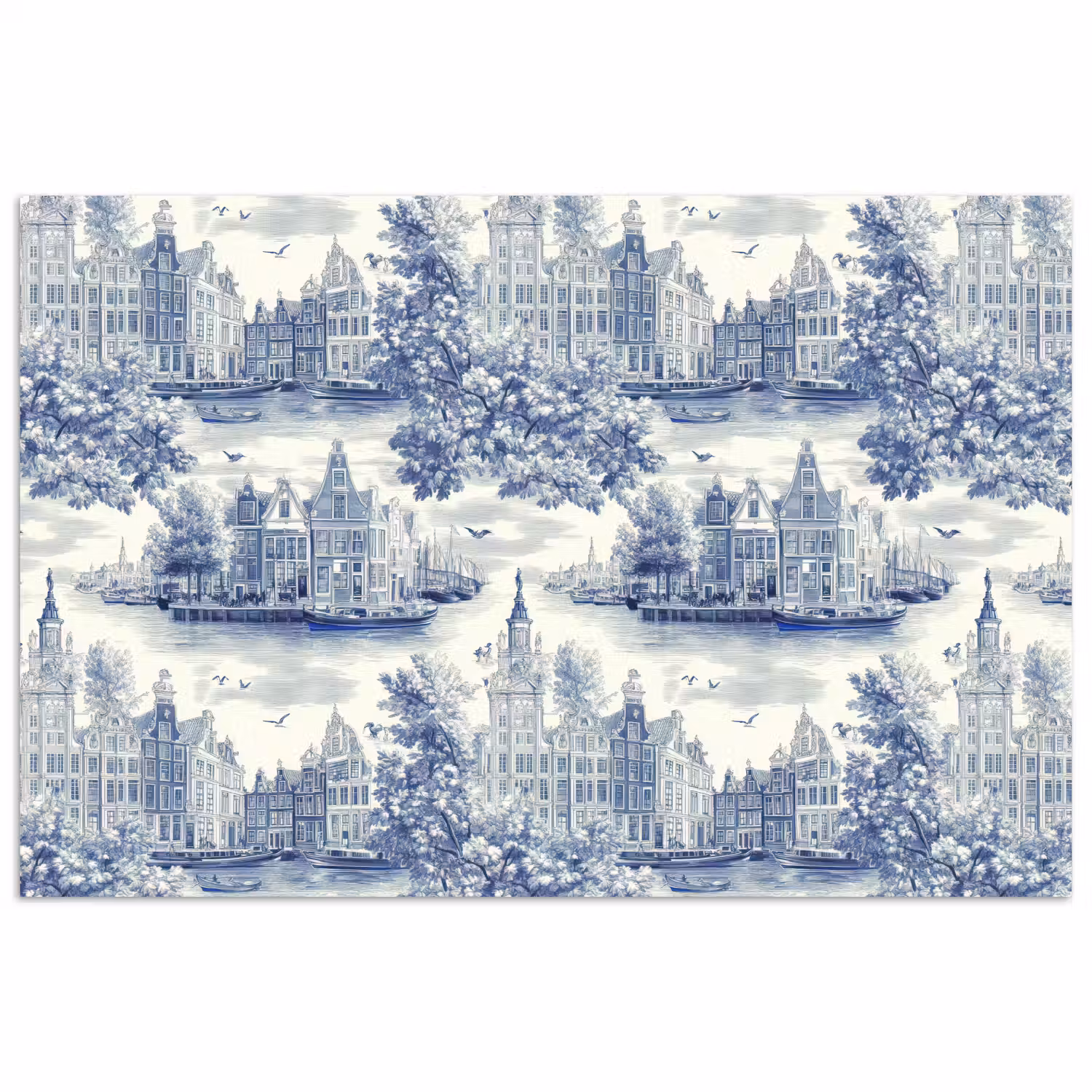 Huizen - Bomen - Water - Vogels - Blauw poster papier klein 62 -3d